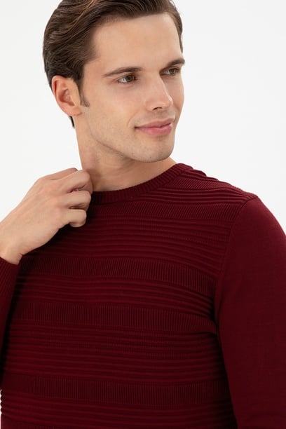 Erkek Slim Fit Bisiklet Yaka Bordo Kazak