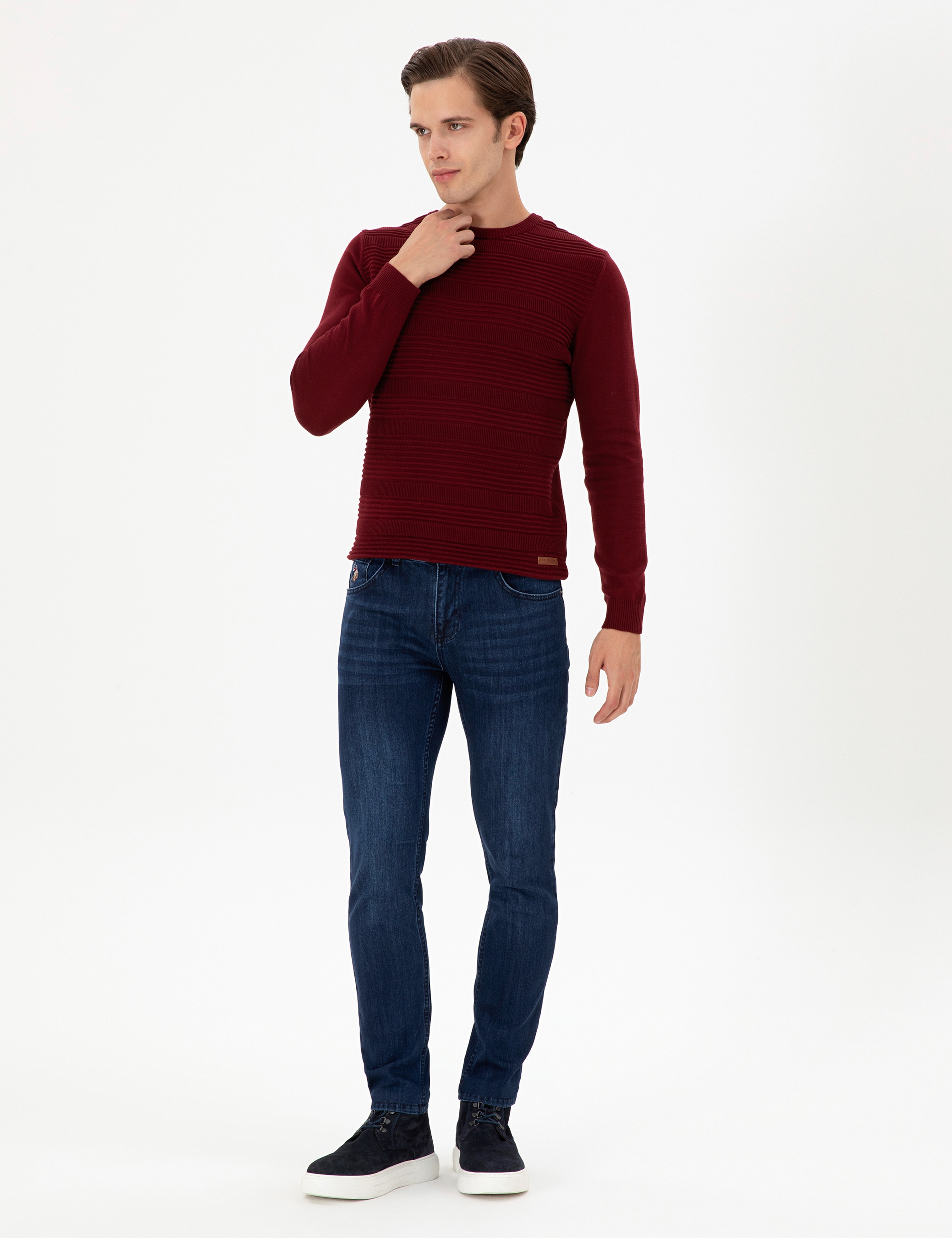 Erkek Slim Fit Bisiklet Yaka Bordo Kazak - Image 4