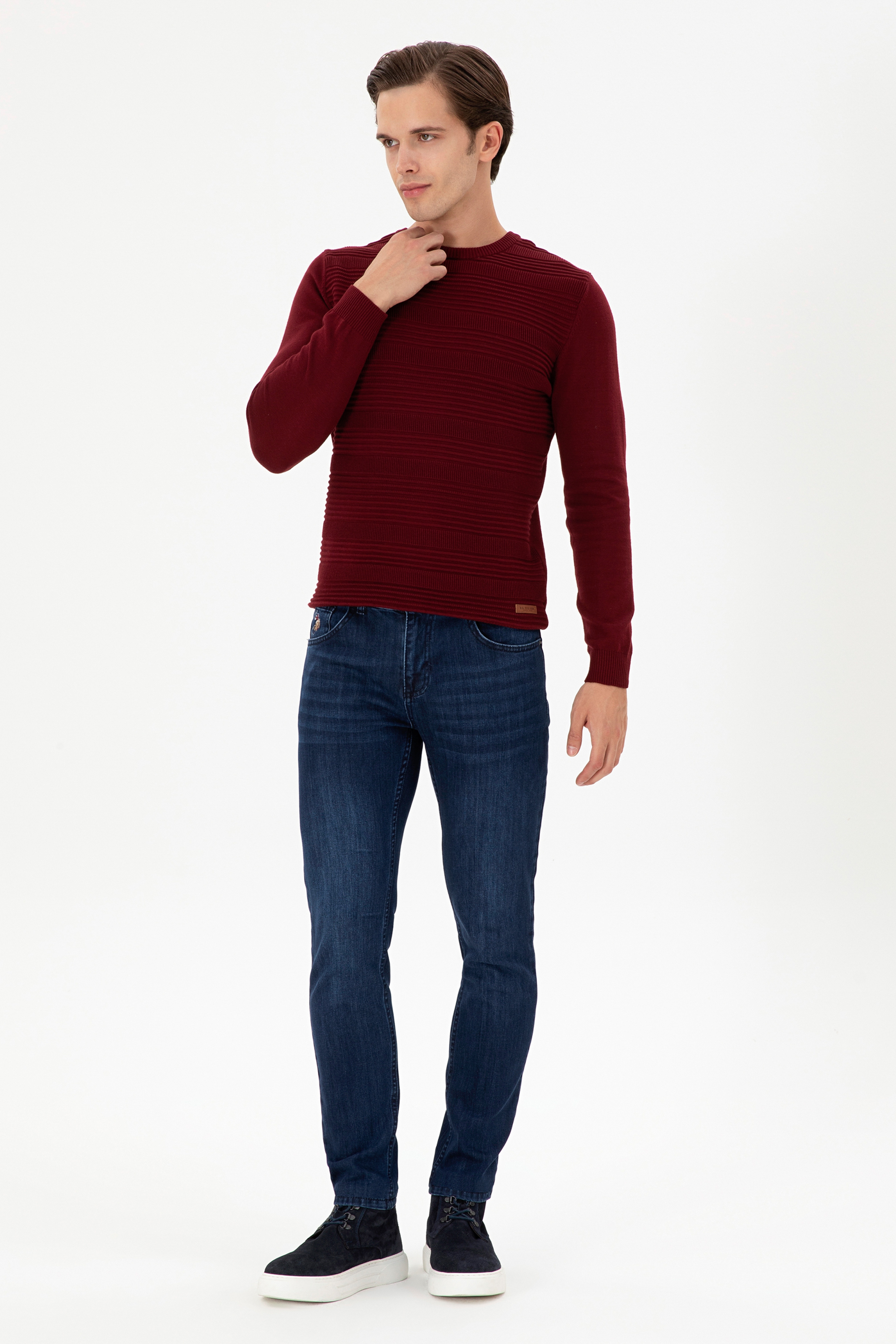 Erkek Slim Fit Bisiklet Yaka Bordo Kazak
