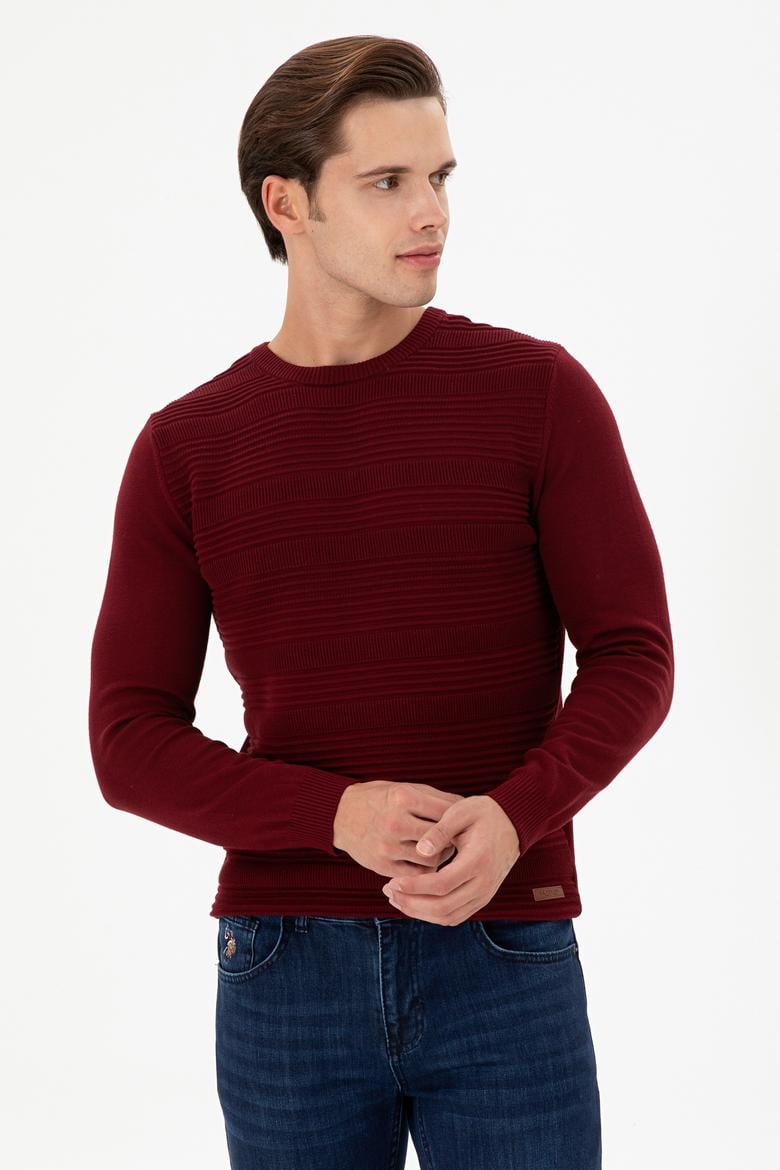 Erkek Slim Fit Bisiklet Yaka Bordo Kazak