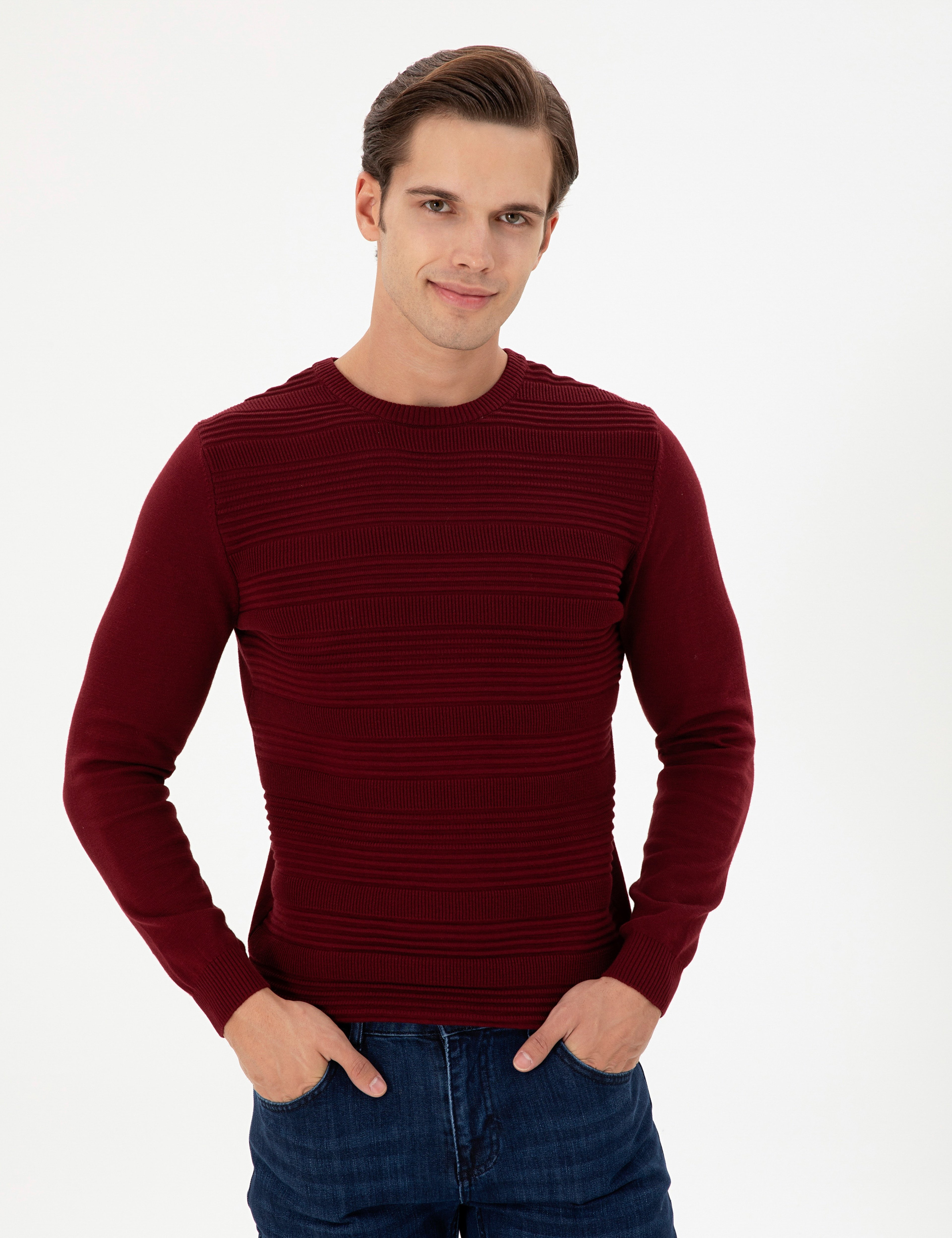 Erkek Slim Fit Bisiklet Yaka Bordo Kazak - Image 3