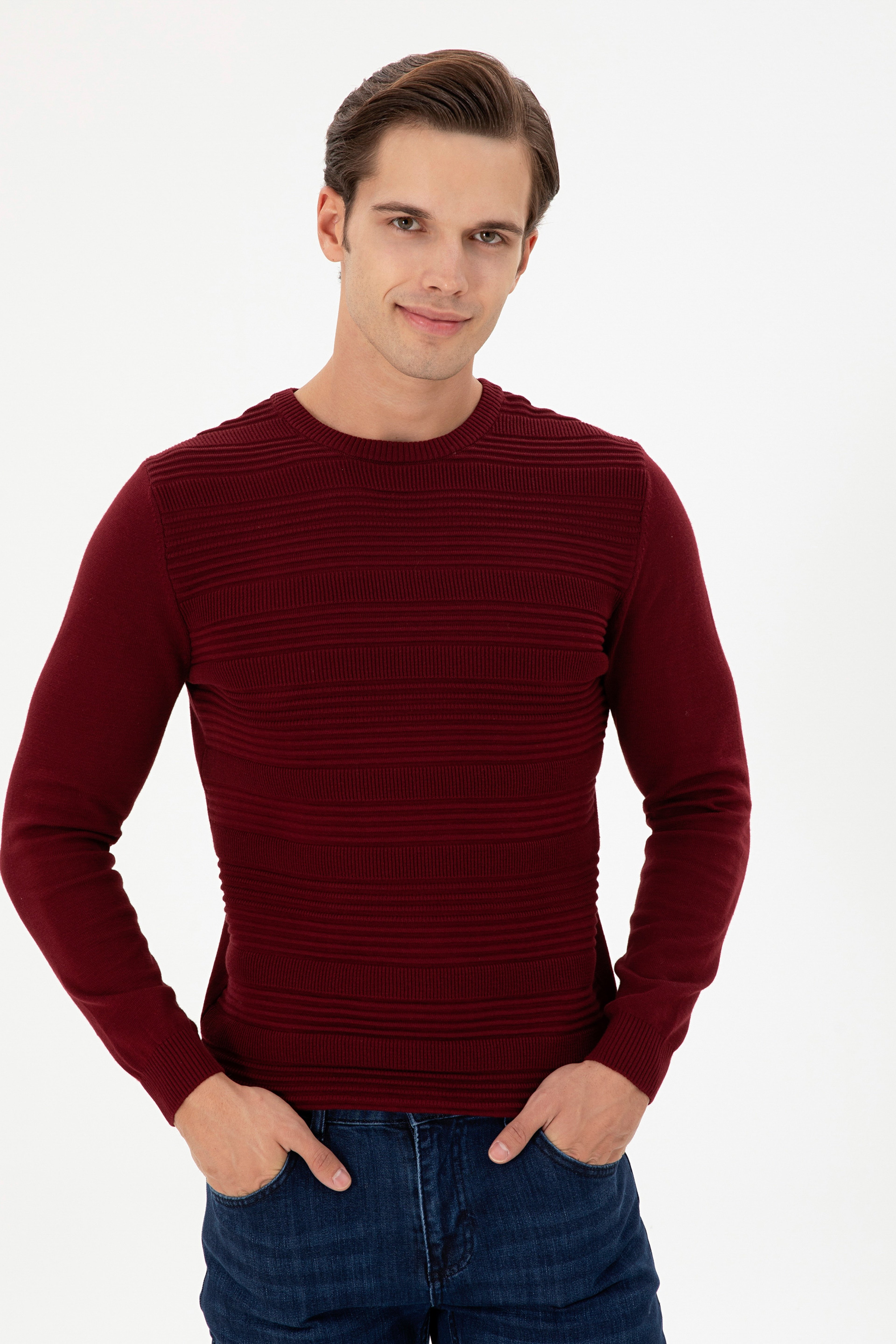 Erkek Slim Fit Bisiklet Yaka Bordo Kazak