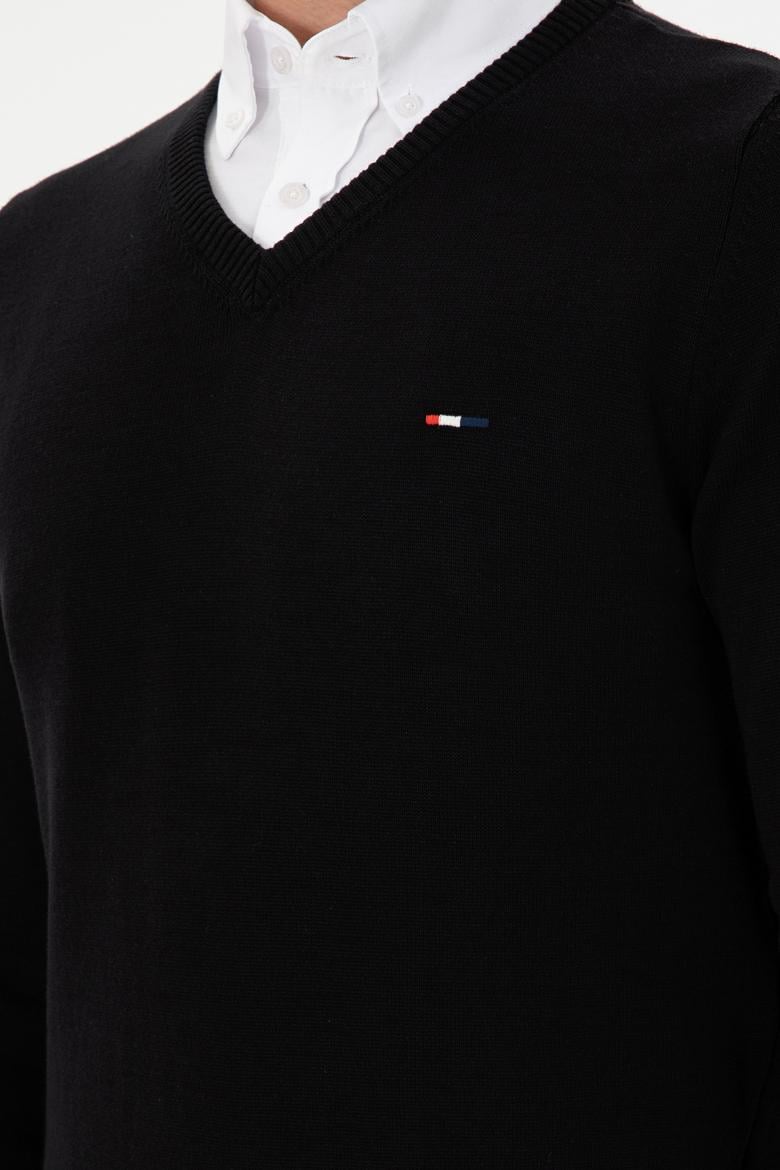 Erkek Slim Fit V Yaka Siyah Basic Kazak - 50298283035