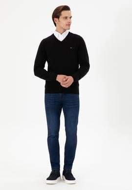 Erkek Slim Fit V Yaka Siyah Basic Kazak - 50298283035