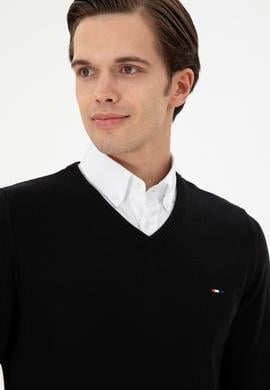 Erkek Slim Fit V Yaka Siyah Basic Kazak - 50298283035