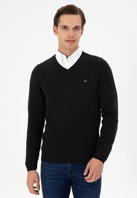 Erkek Slim Fit V Yaka Siyah Basic Kazak - 50298283035