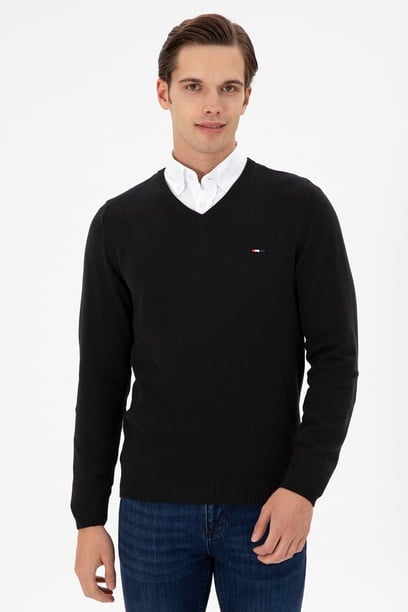 Erkek Slim Fit V Yaka Siyah Basic Kazak