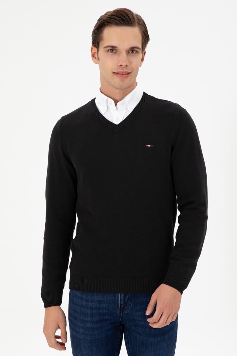 Erkek Slim Fit V Yaka Siyah Basic Kazak