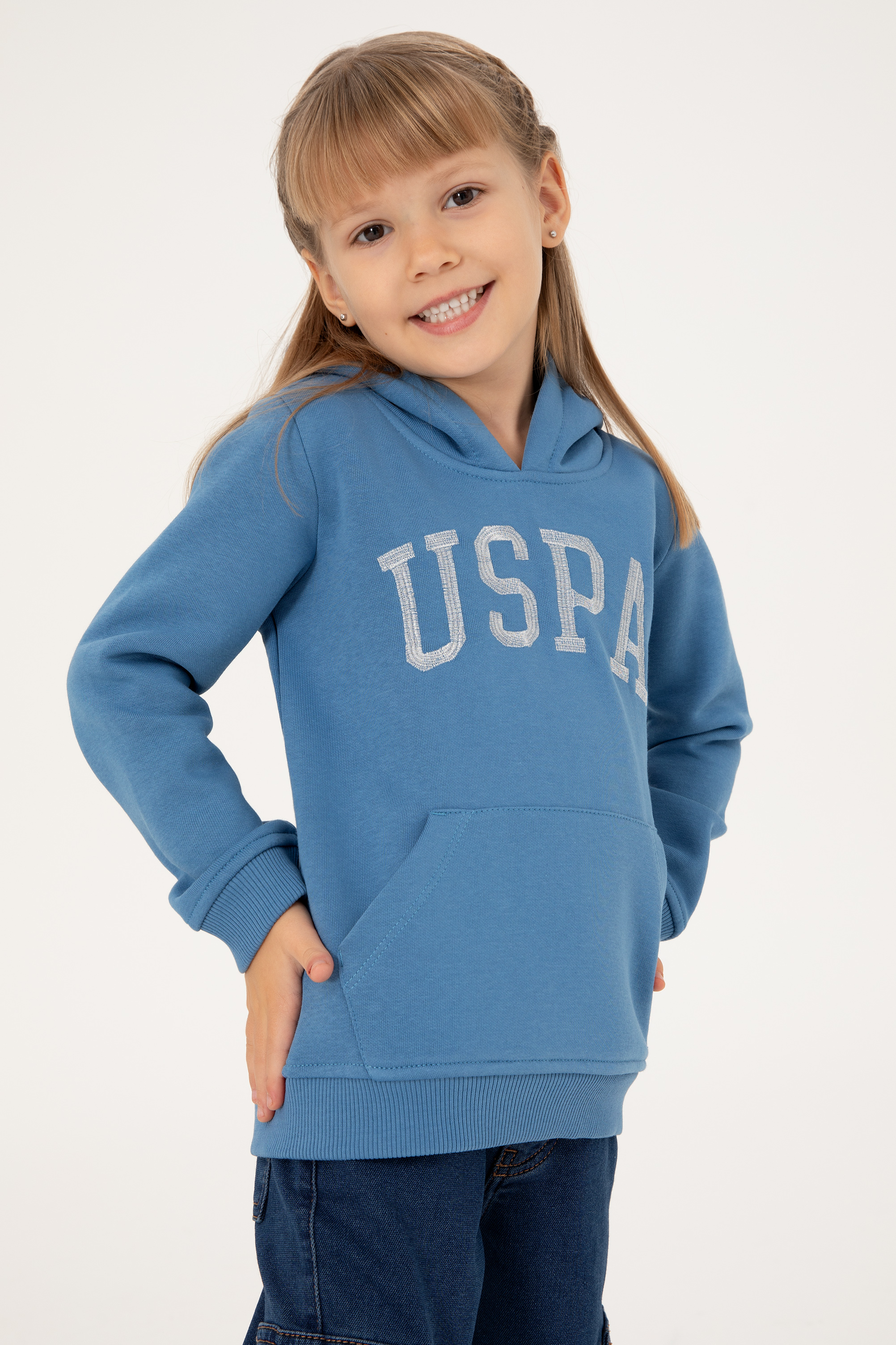 Kız Çocuk Koyu Mavi Kapüşonlu Basic Sweatshirt - Image 2