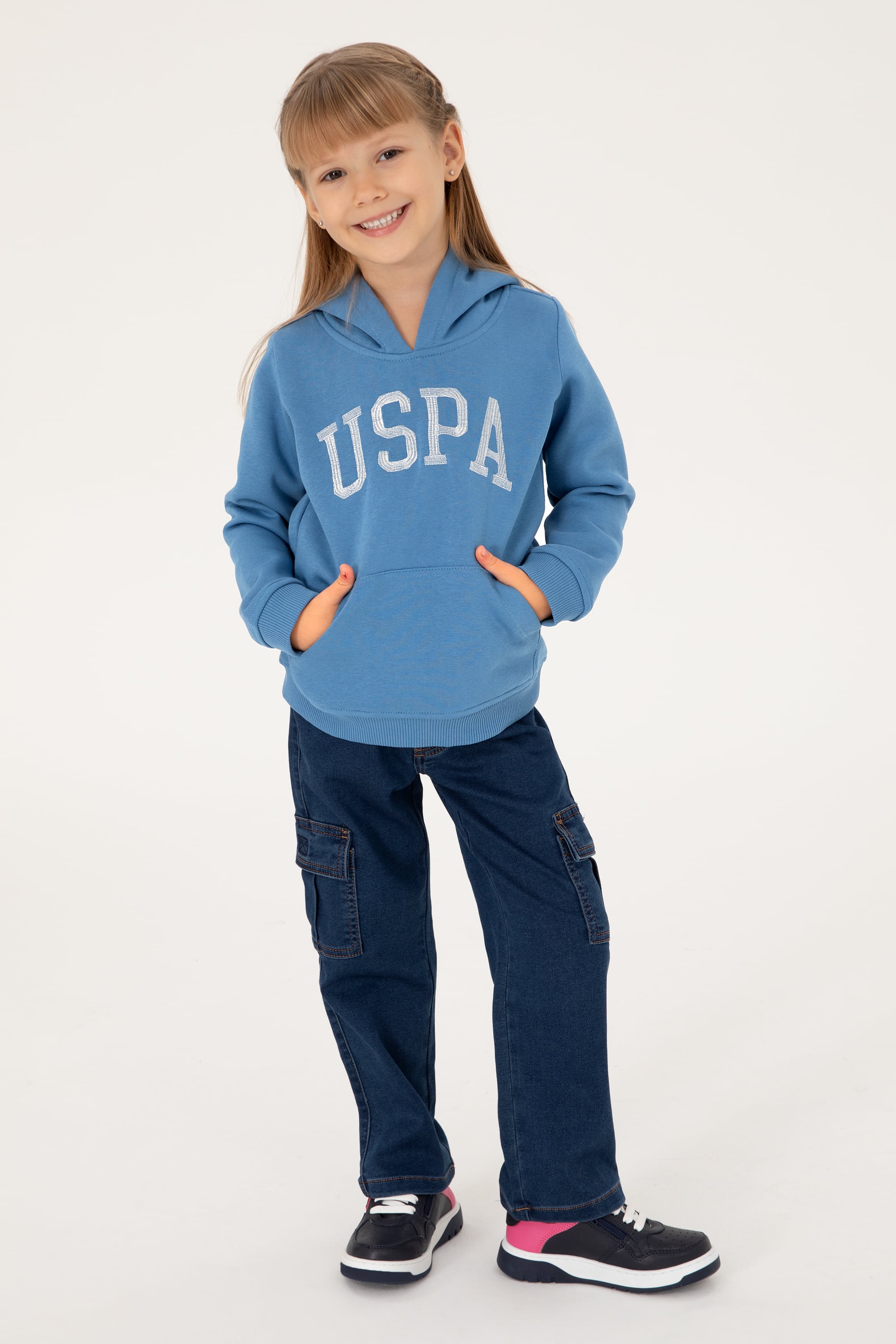 Kız Çocuk Koyu Mavi Kapüşonlu Basic Sweatshirt