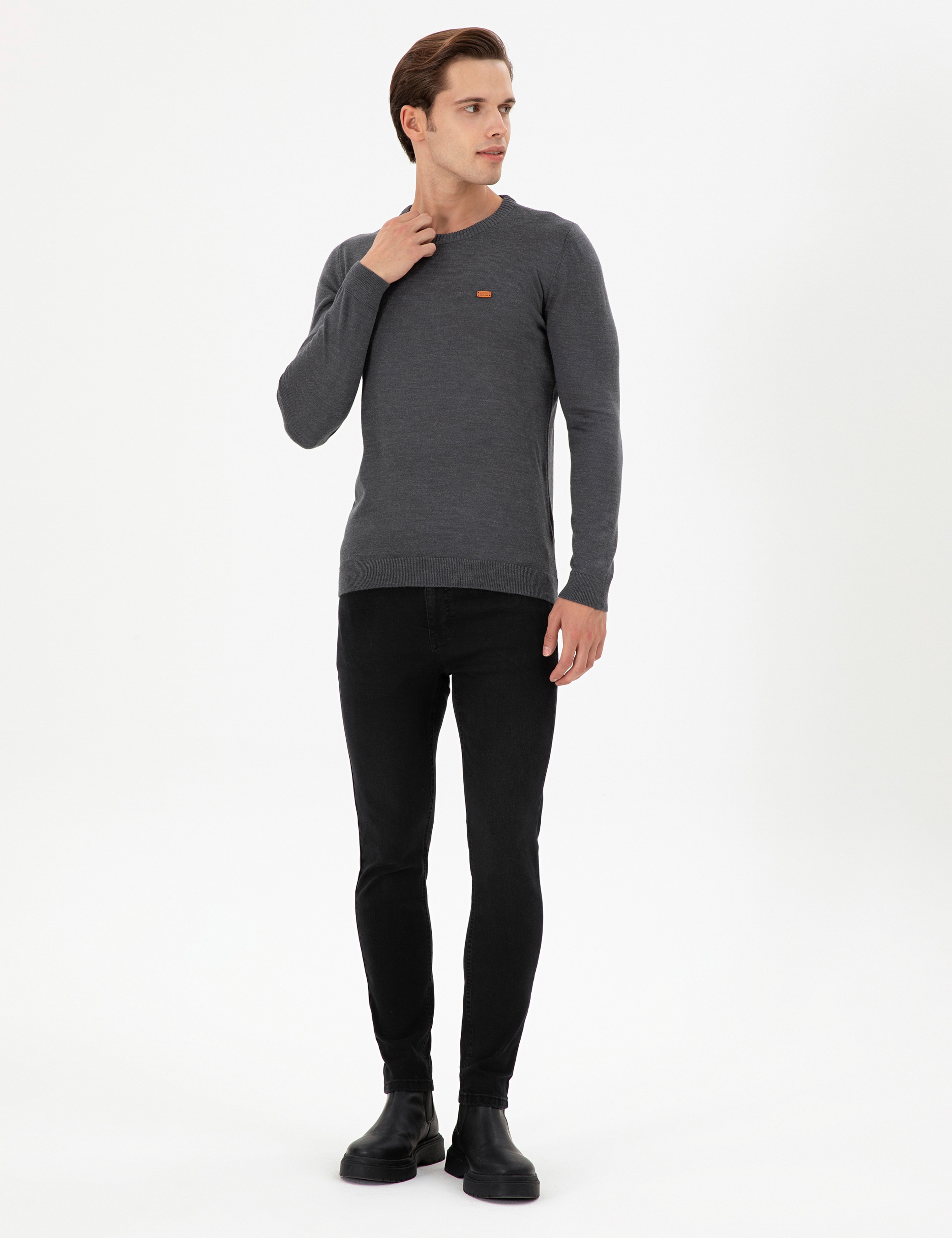 Erkek Slim Fit Bisiklet Yaka Antrasit Melanj Kazak - Image 4