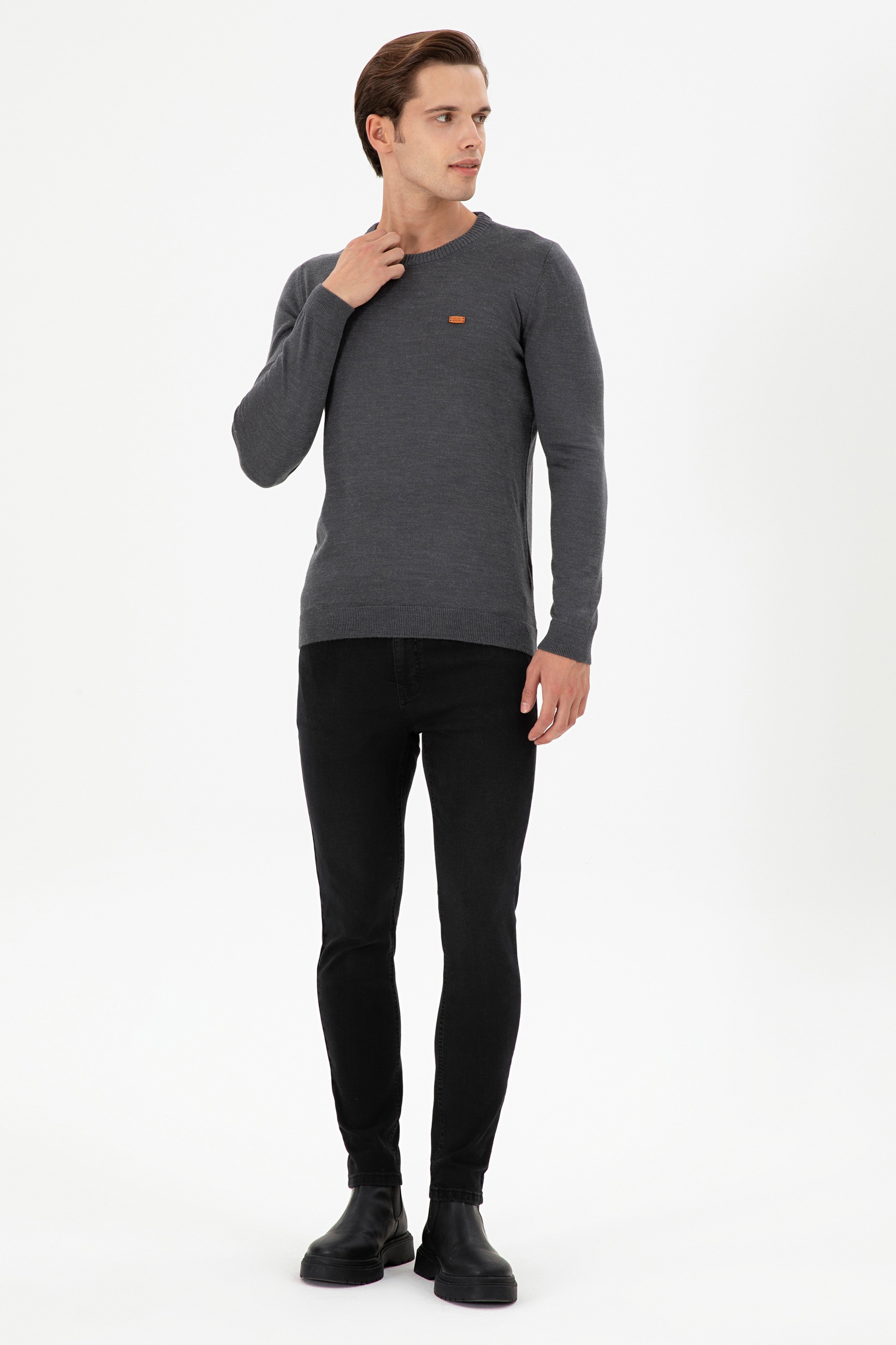 Erkek Slim Fit Bisiklet Yaka Antrasit Melanj Kazak