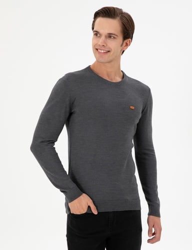Erkek Slim Fit Bisiklet Yaka Antrasit Melanj Kazak