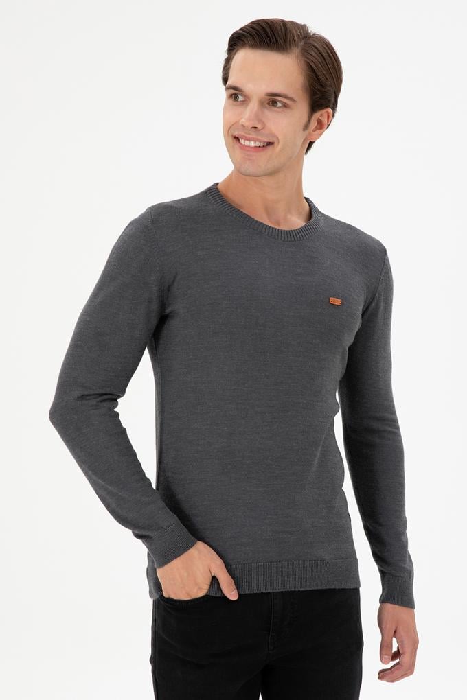 Erkek Slim Fit Bisiklet Yaka Antrasit Melanj Kazak