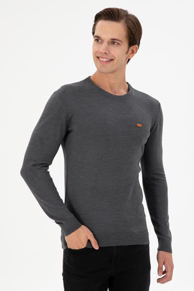 Erkek Slim Fit Bisiklet Yaka Antrasit Melanj Kazak