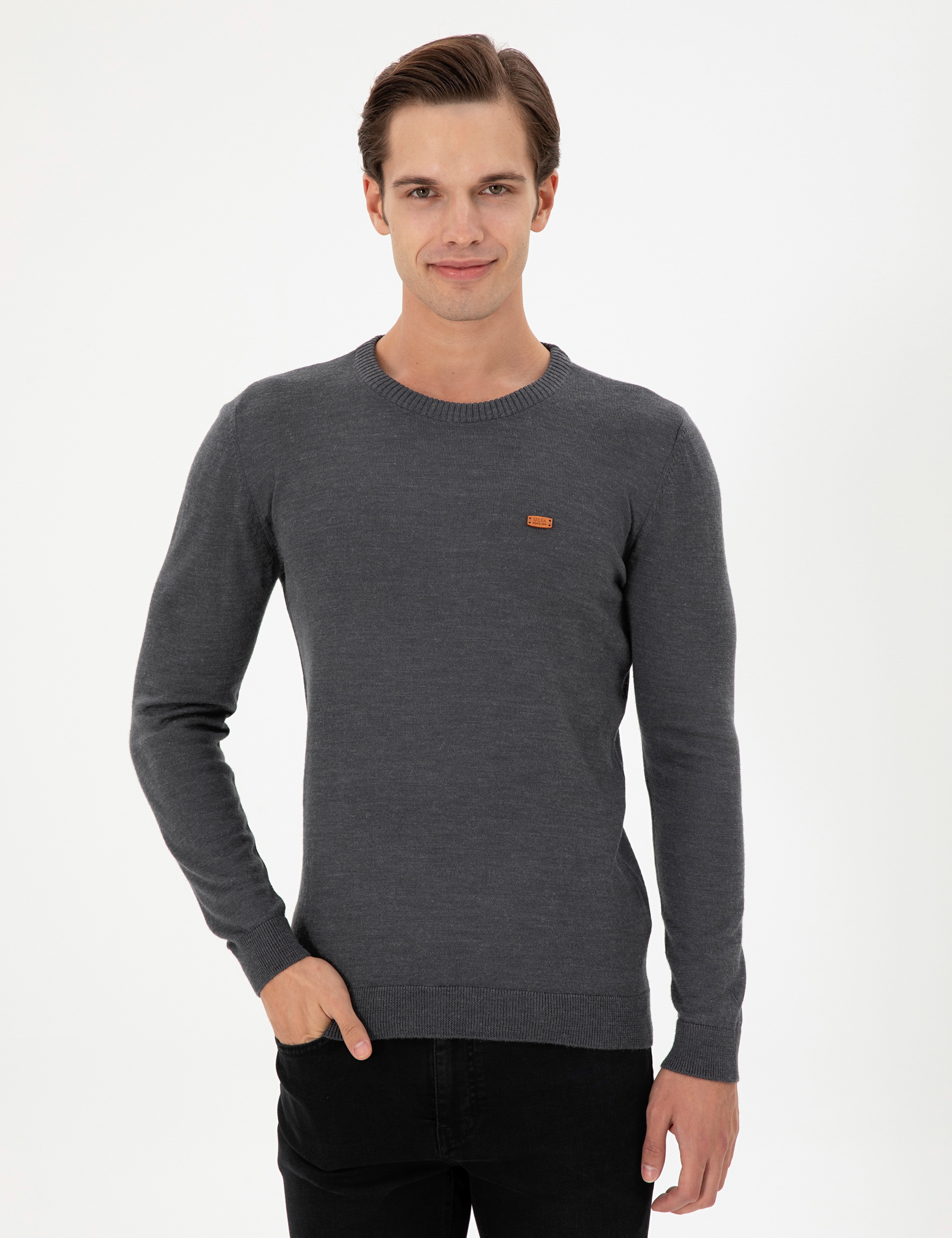 Erkek Slim Fit Bisiklet Yaka Antrasit Melanj Kazak - Image 3