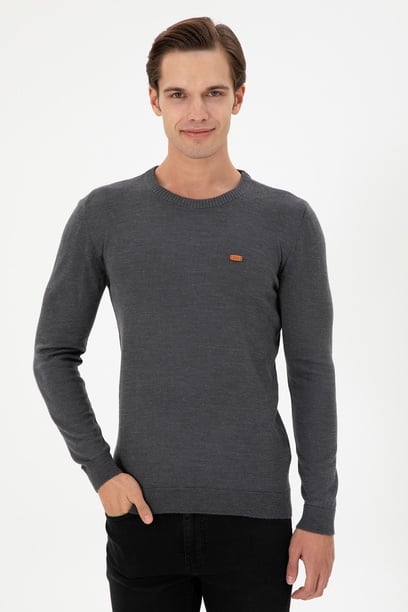 Erkek Slim Fit Bisiklet Yaka Antrasit Melanj Kazak