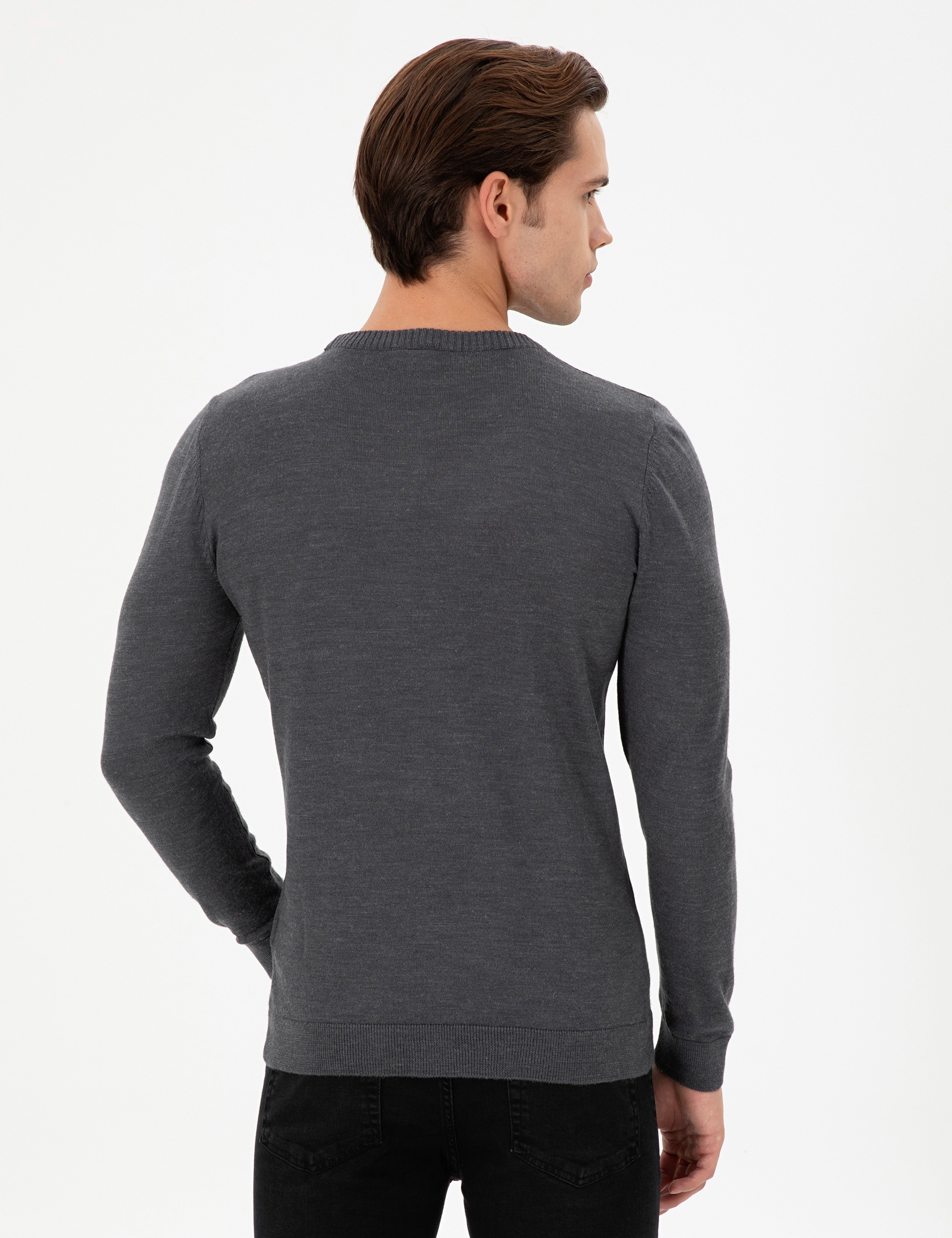 Erkek Slim Fit Bisiklet Yaka Antrasit Melanj Kazak - Image 5