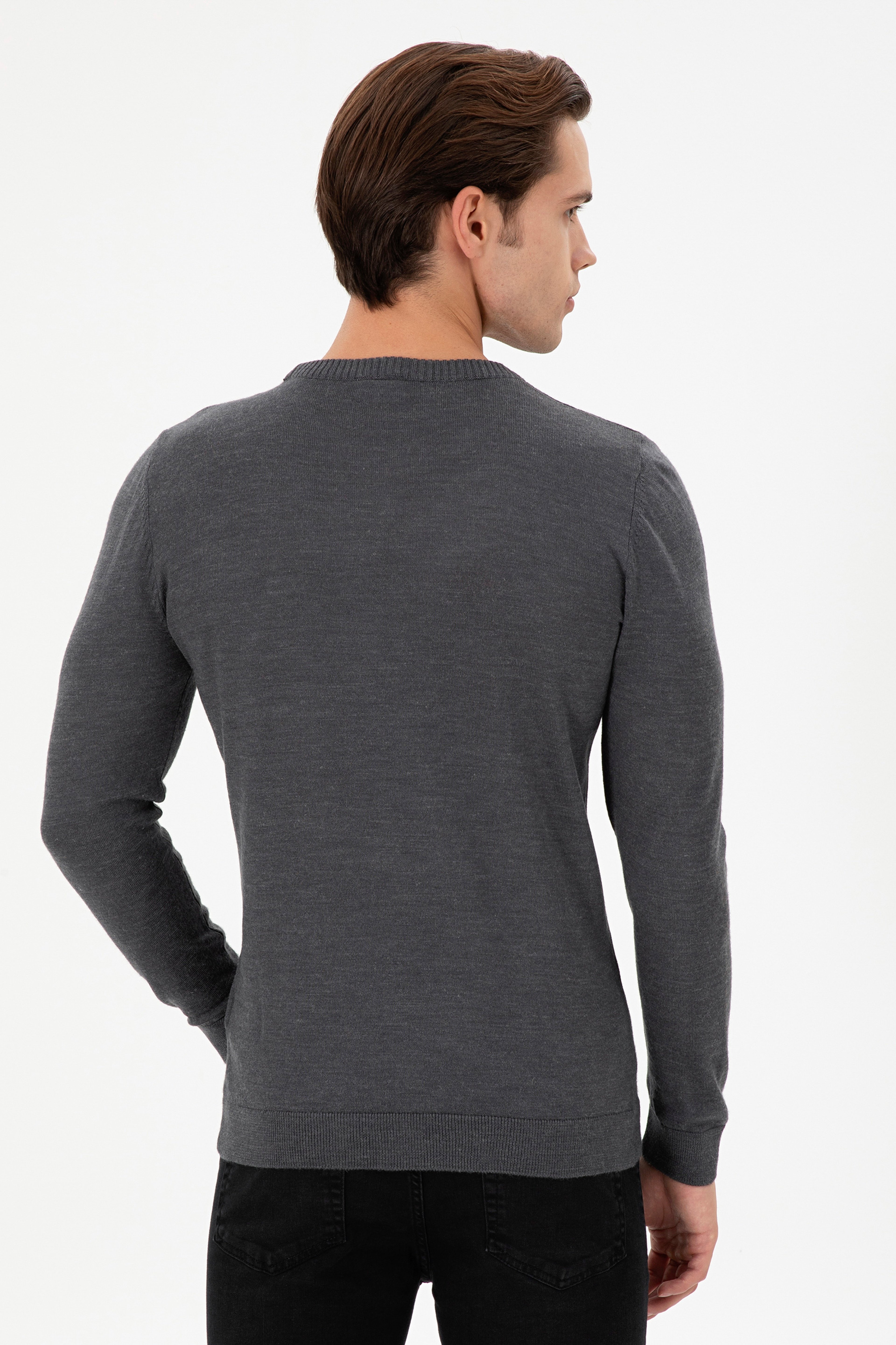 Erkek Slim Fit Bisiklet Yaka Antrasit Melanj Kazak
