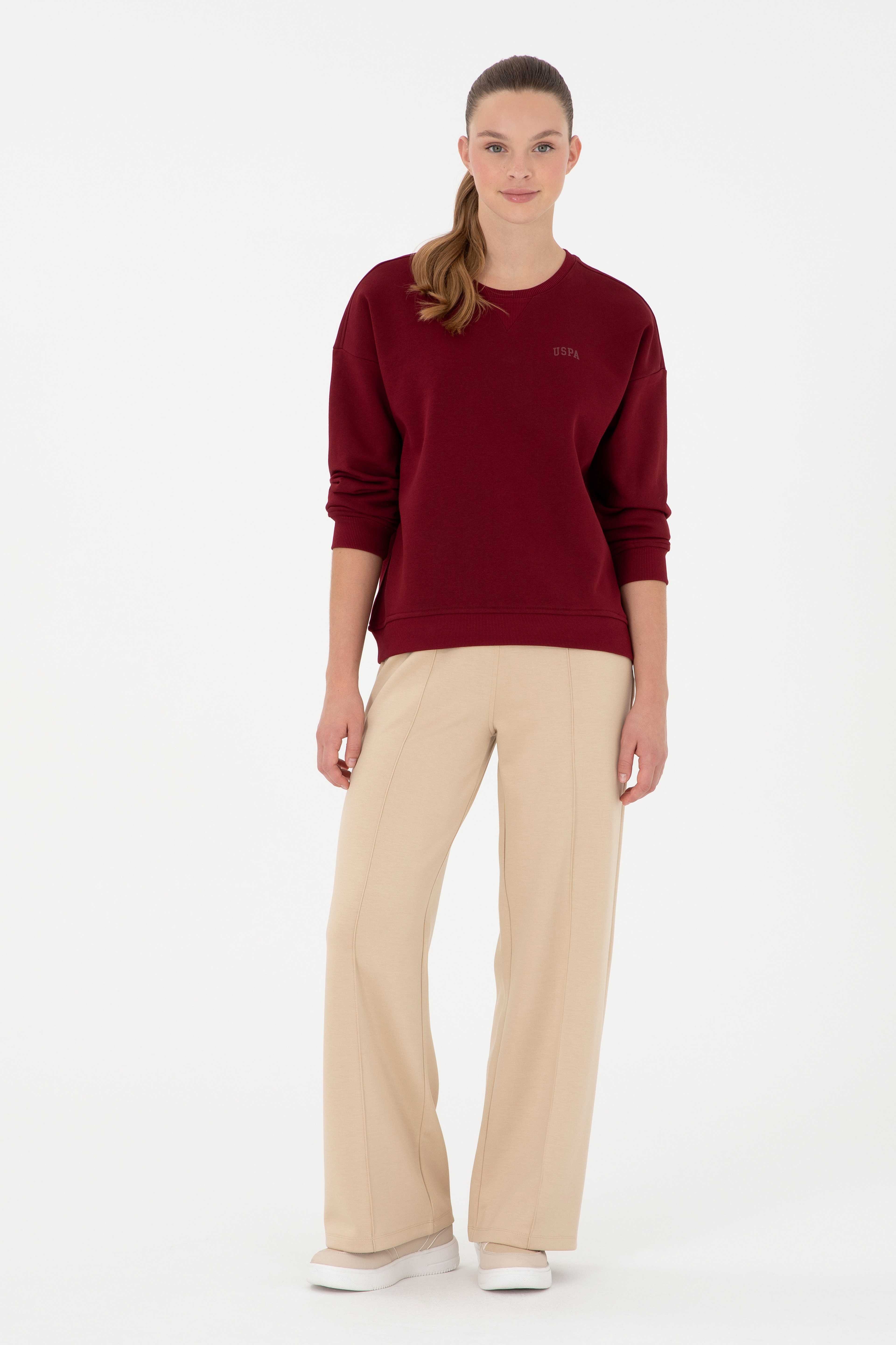 Kadın Bordo Basic Bisiklet Yaka Sweatshirt