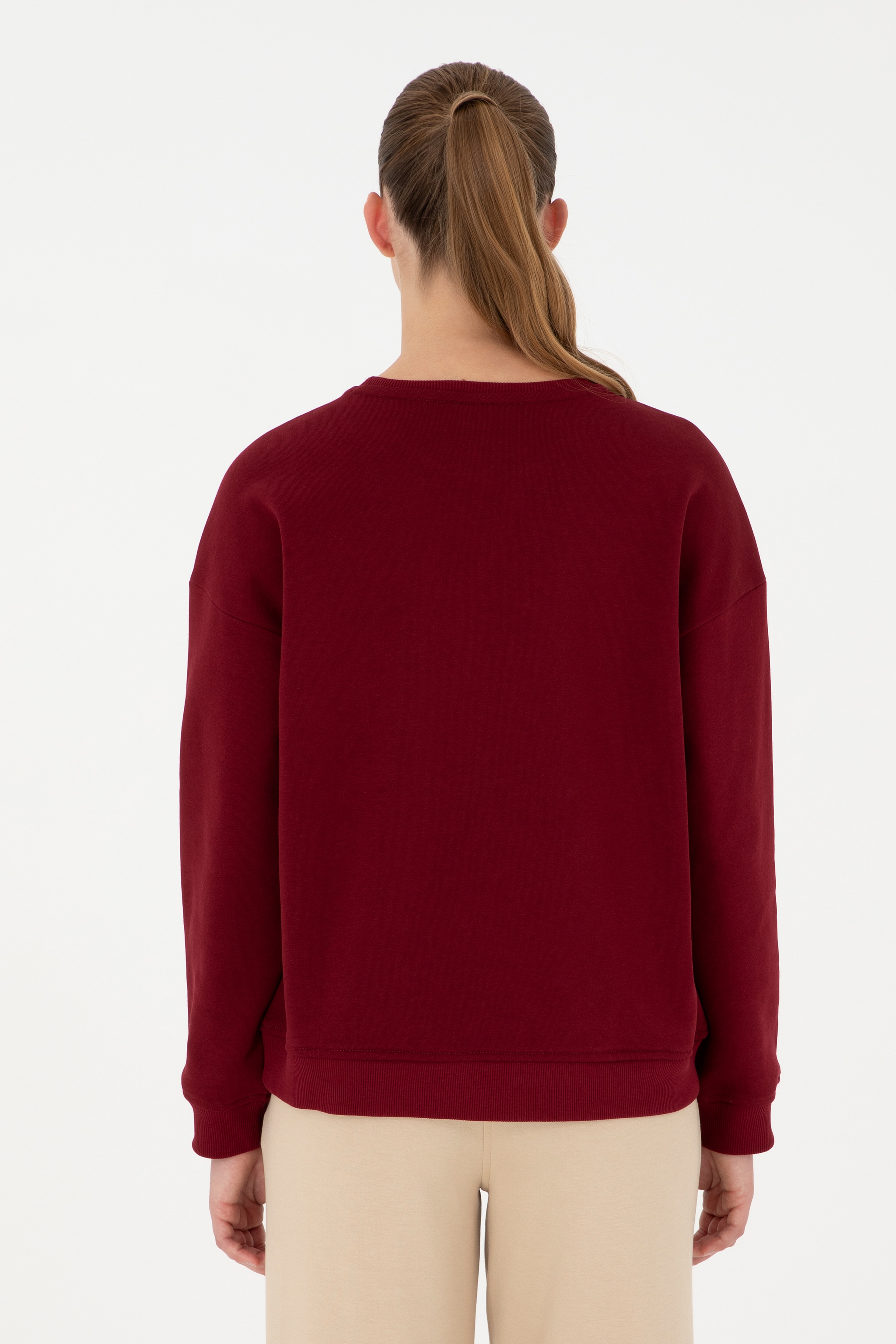 Kadın Bordo Basic Bisiklet Yaka Sweatshirt