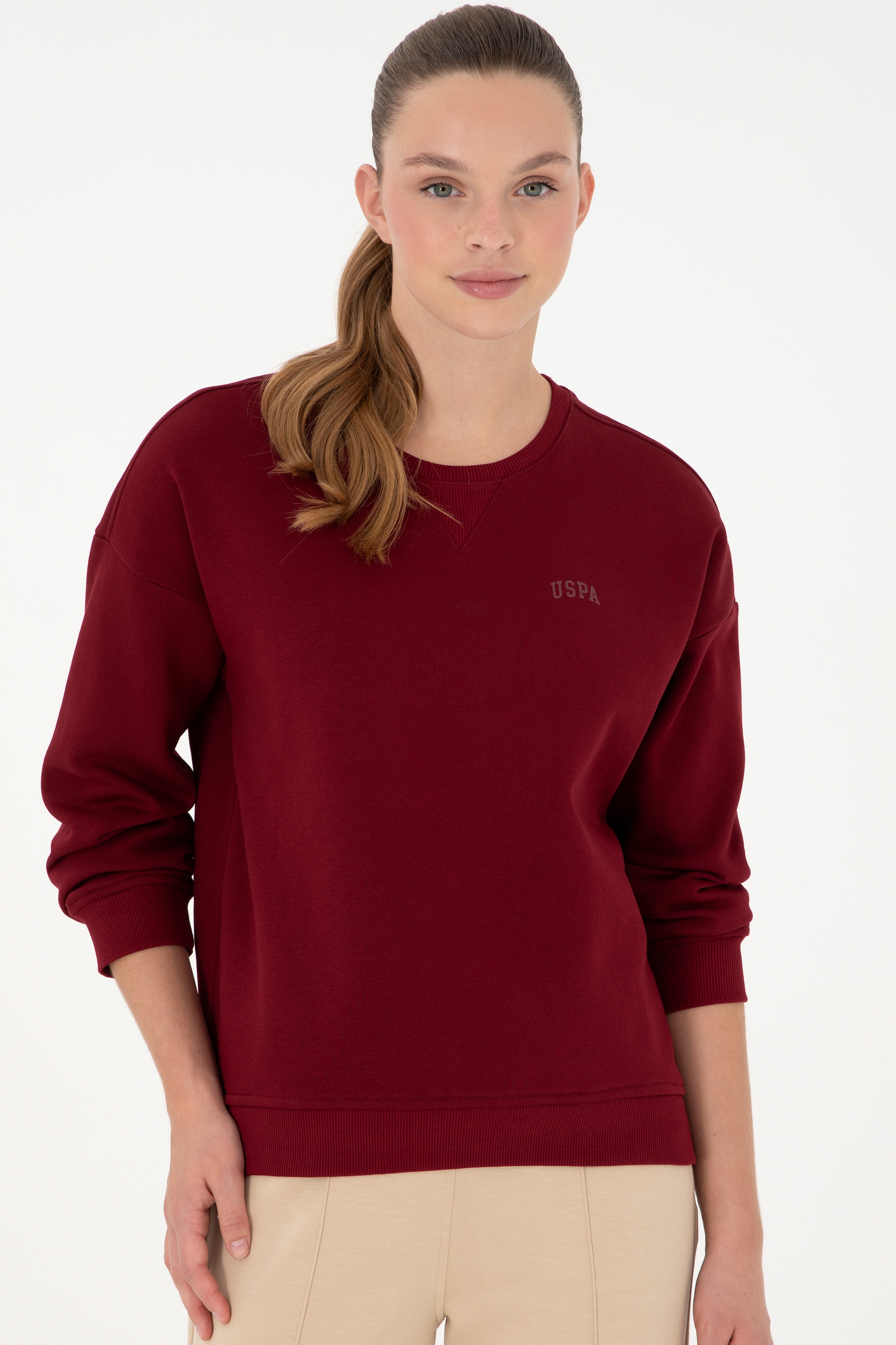 Kadın Bordo Basic Bisiklet Yaka Sweatshirt