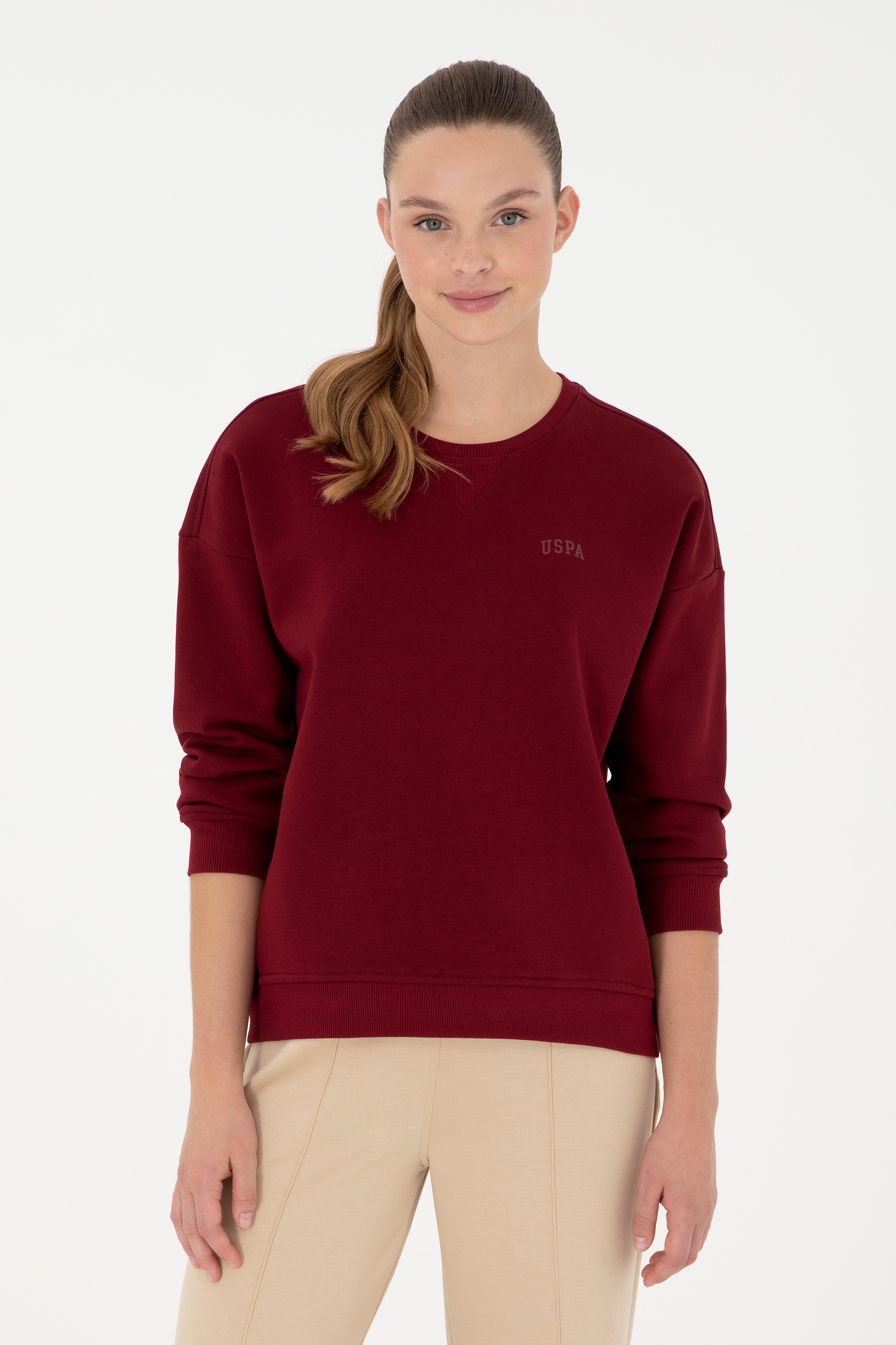 Kadın Bordo Basic Bisiklet Yaka Sweatshirt