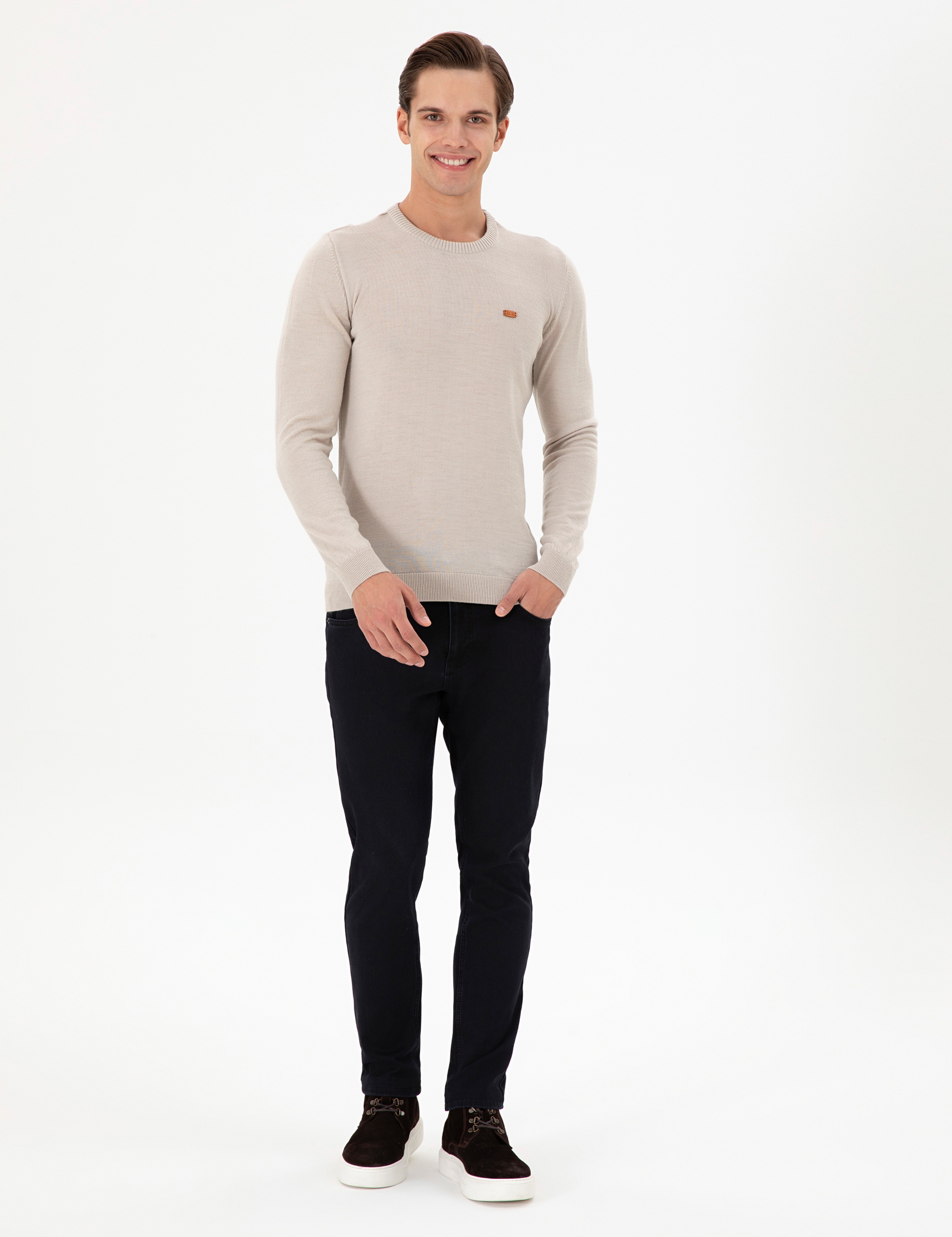 Erkek Slim Fit Bisiklet Yaka Taş Melanj Kazak - Image 4