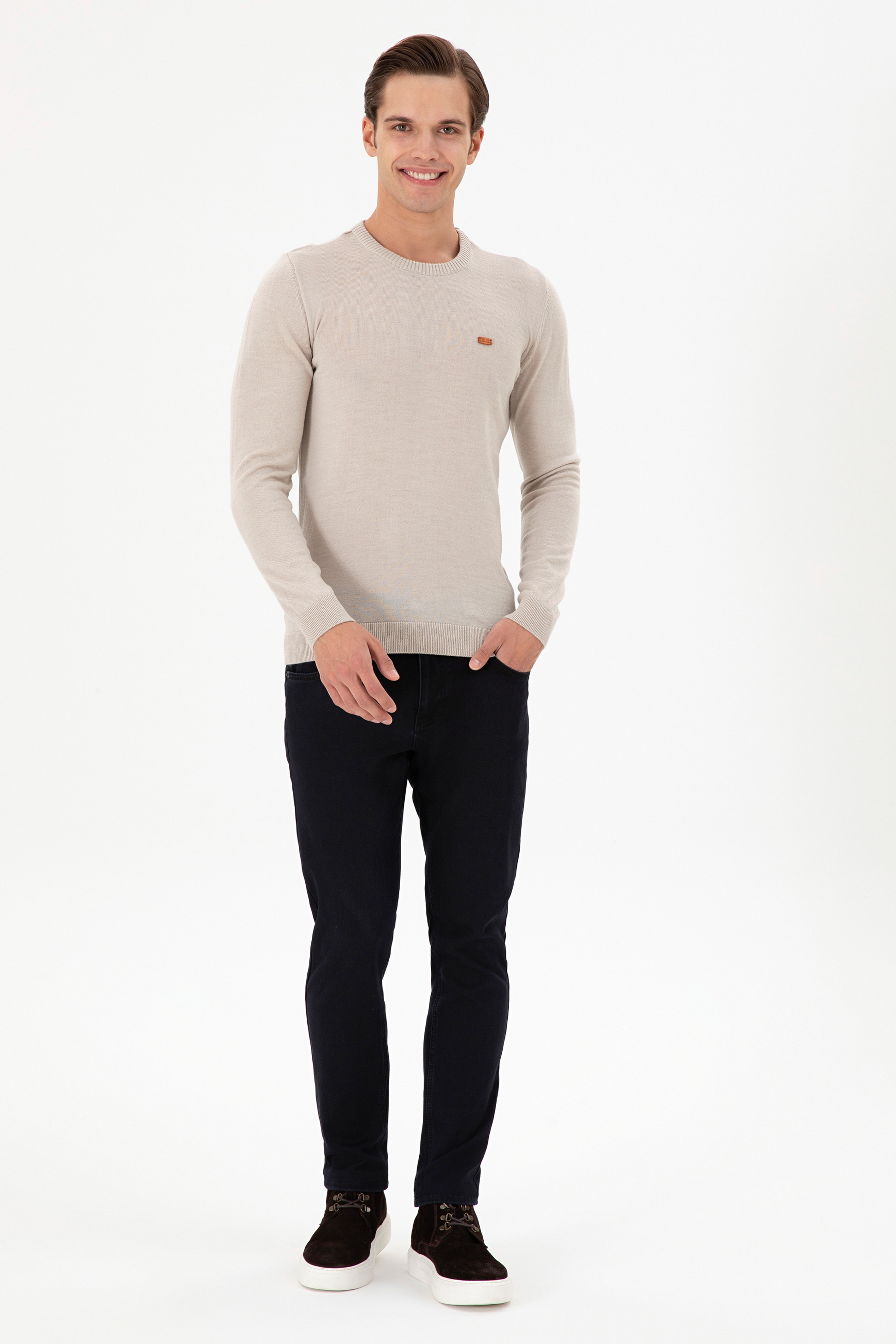 Erkek Slim Fit Bisiklet Yaka Taş Melanj Kazak