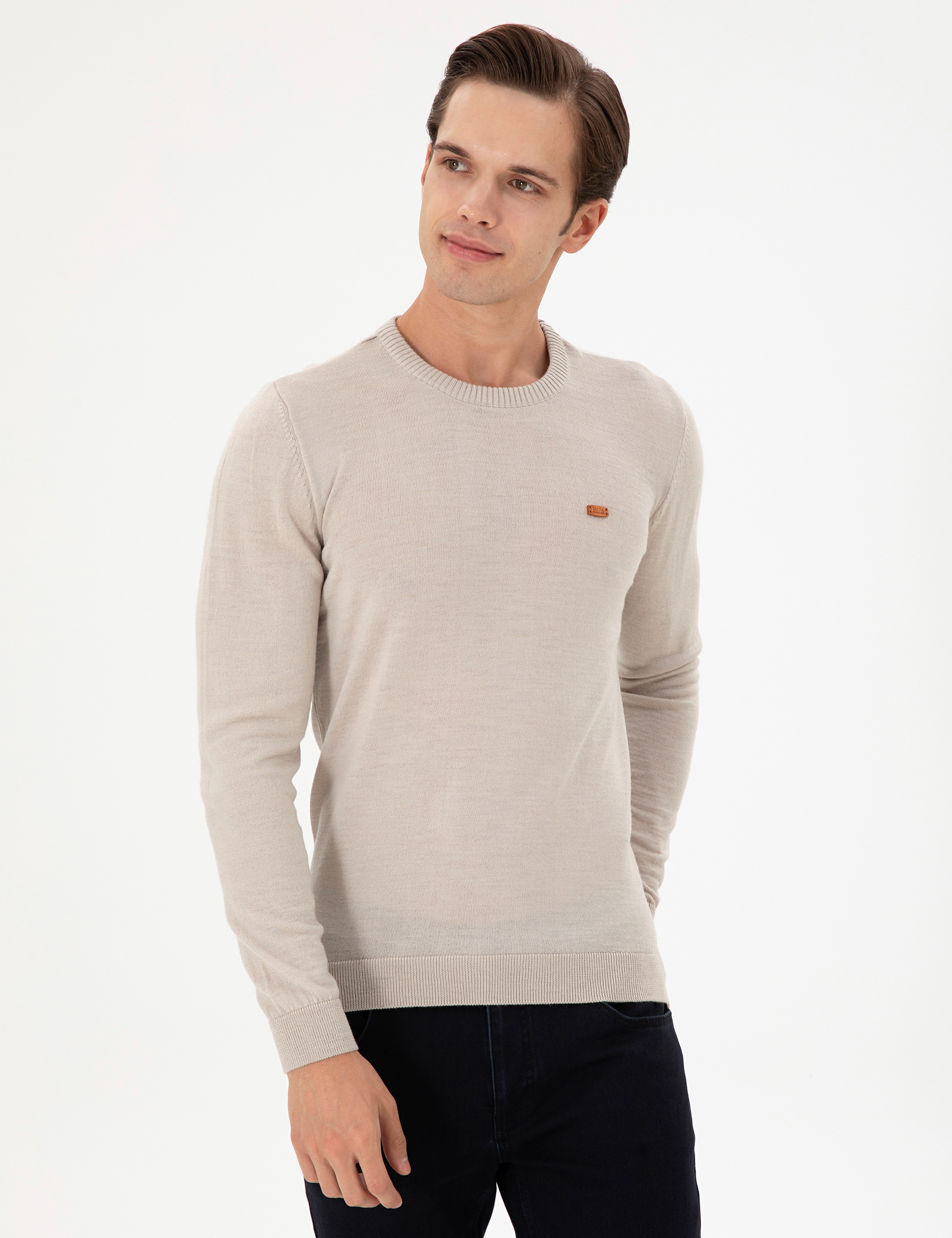 Erkek Slim Fit Bisiklet Yaka Taş Melanj Kazak - Image 3