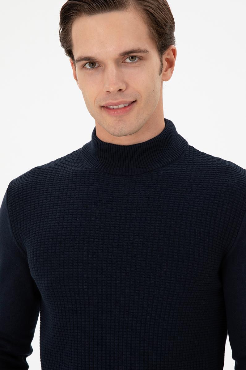 Erkek Slim Fit Yarım Balıkçı Yaka Lacivert Kazak