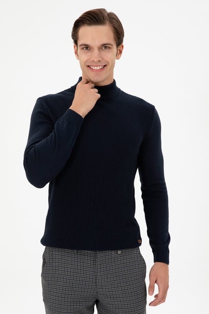 Erkek Slim Fit Yarım Balıkçı Yaka Lacivert Kazak