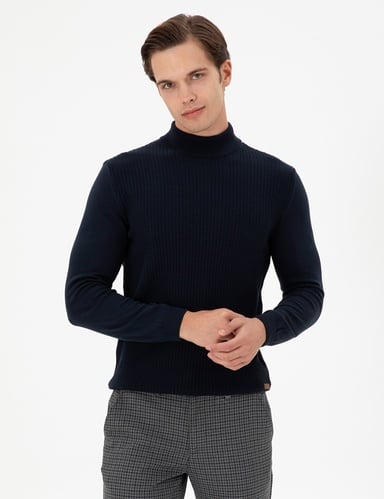 Erkek Slim Fit Yarım Balıkçı Yaka Lacivert Kazak