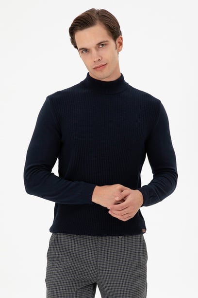 Erkek Slim Fit Yarım Balıkçı Yaka Lacivert Kazak
