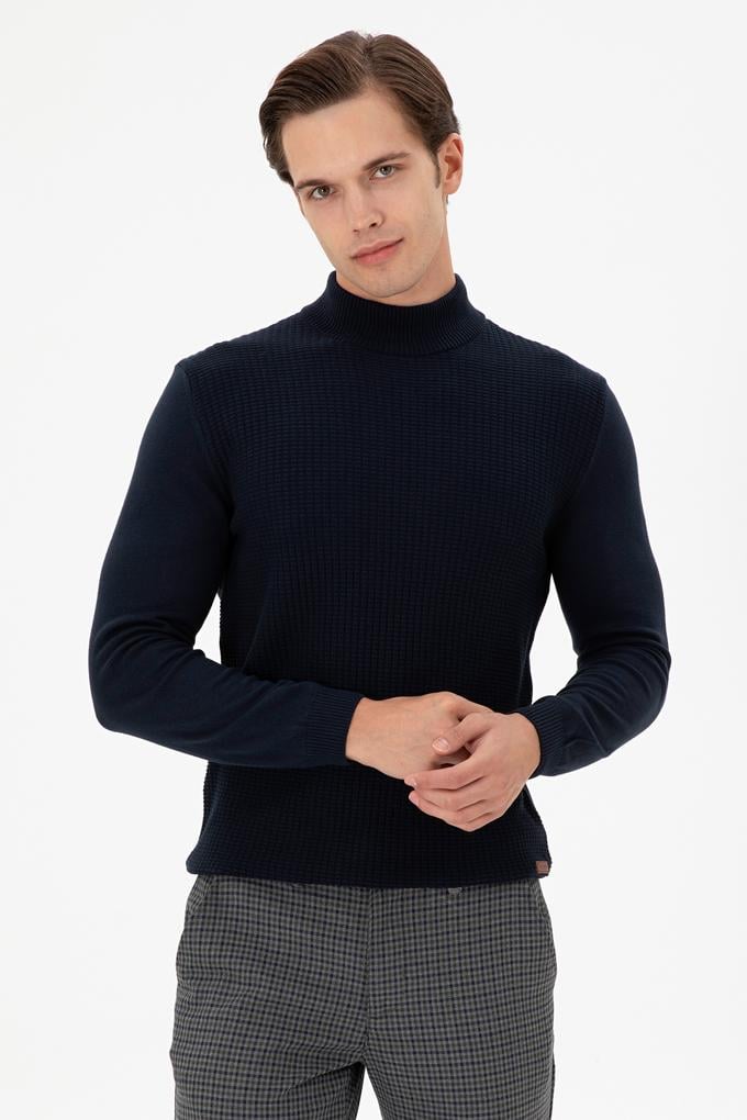 Erkek Slim Fit Yarım Balıkçı Yaka Lacivert Kazak