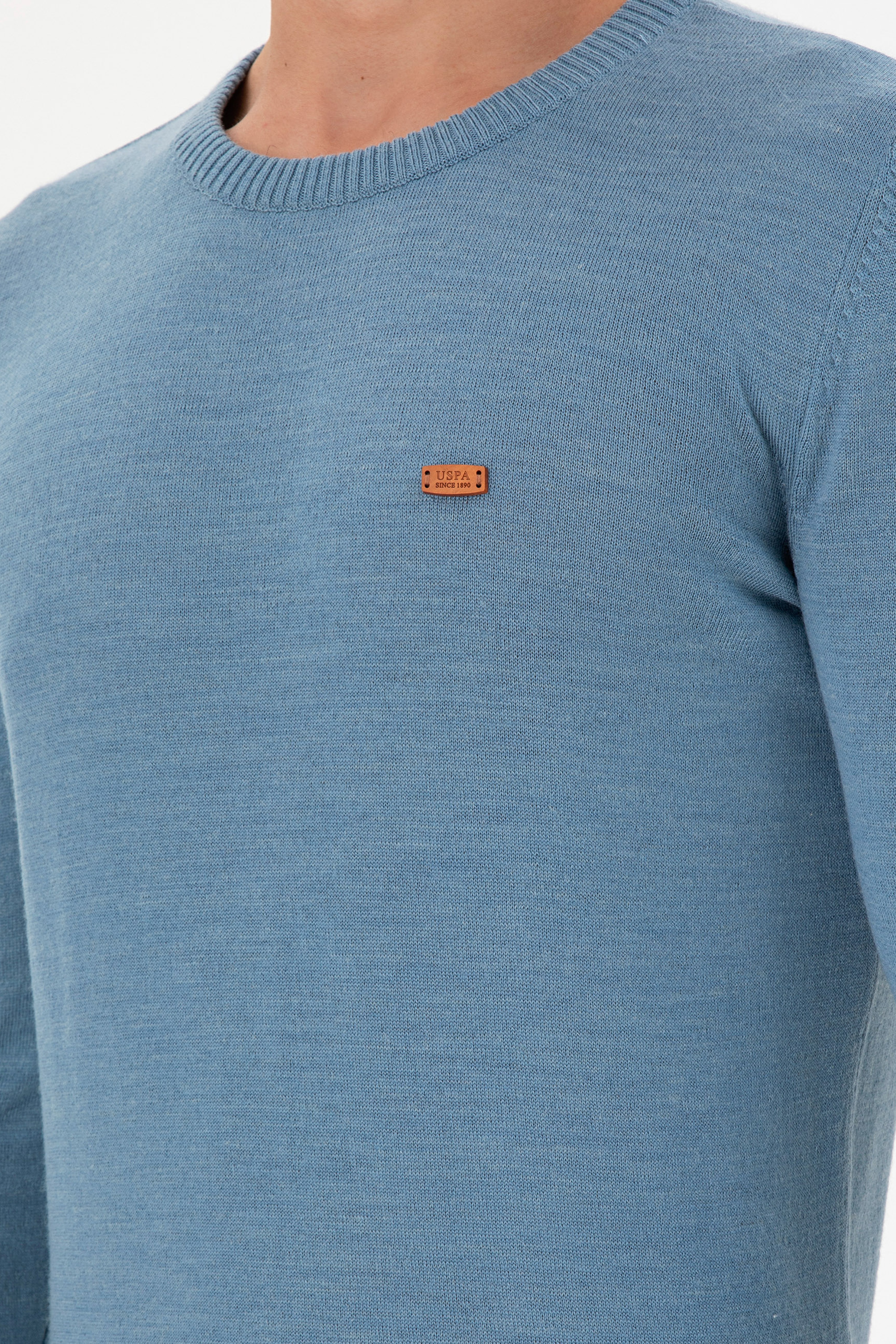 Erkek Slim Fit Bisiklet Yaka Mavi Kazak