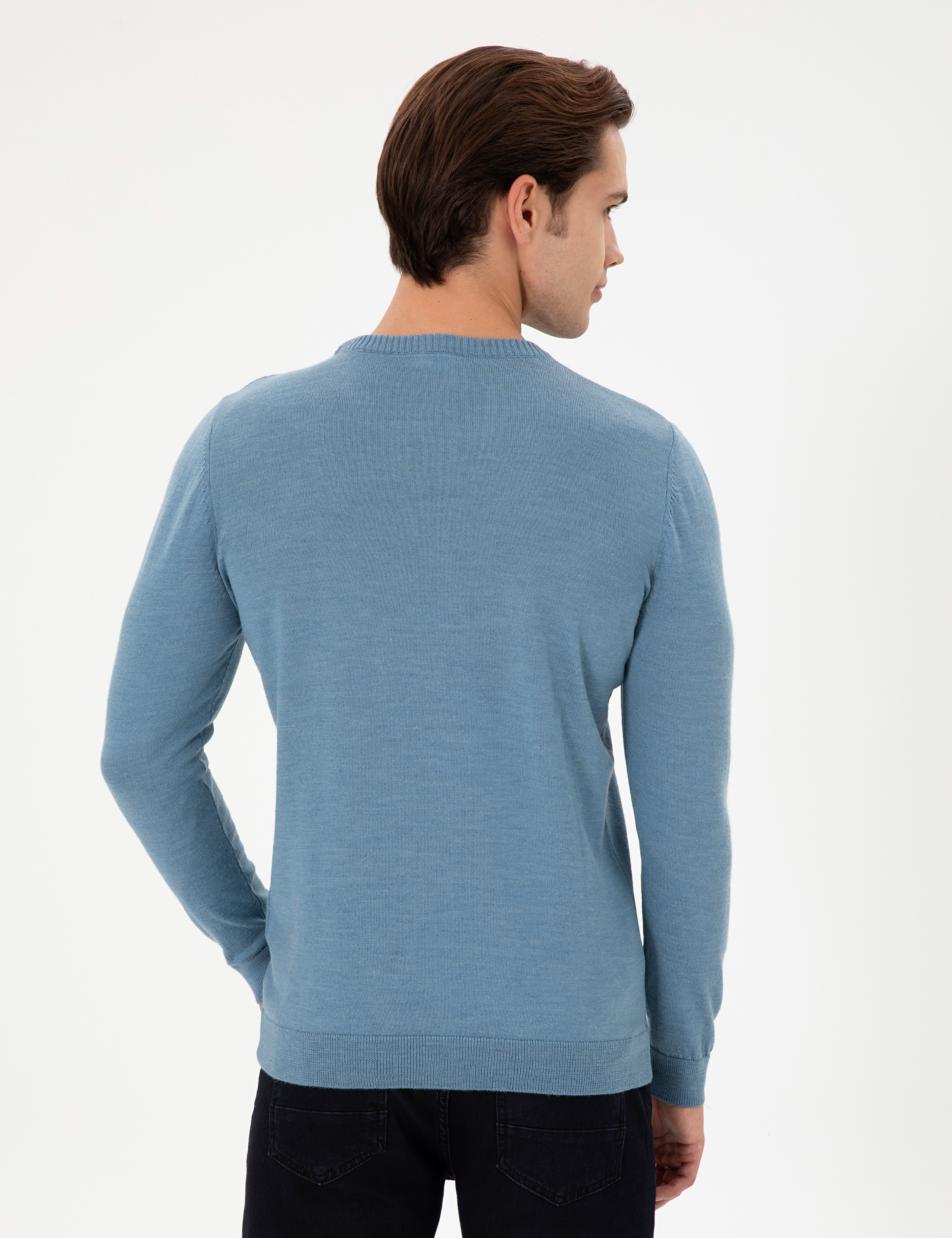 Erkek Slim Fit Bisiklet Yaka Mavi Kazak - Image 5