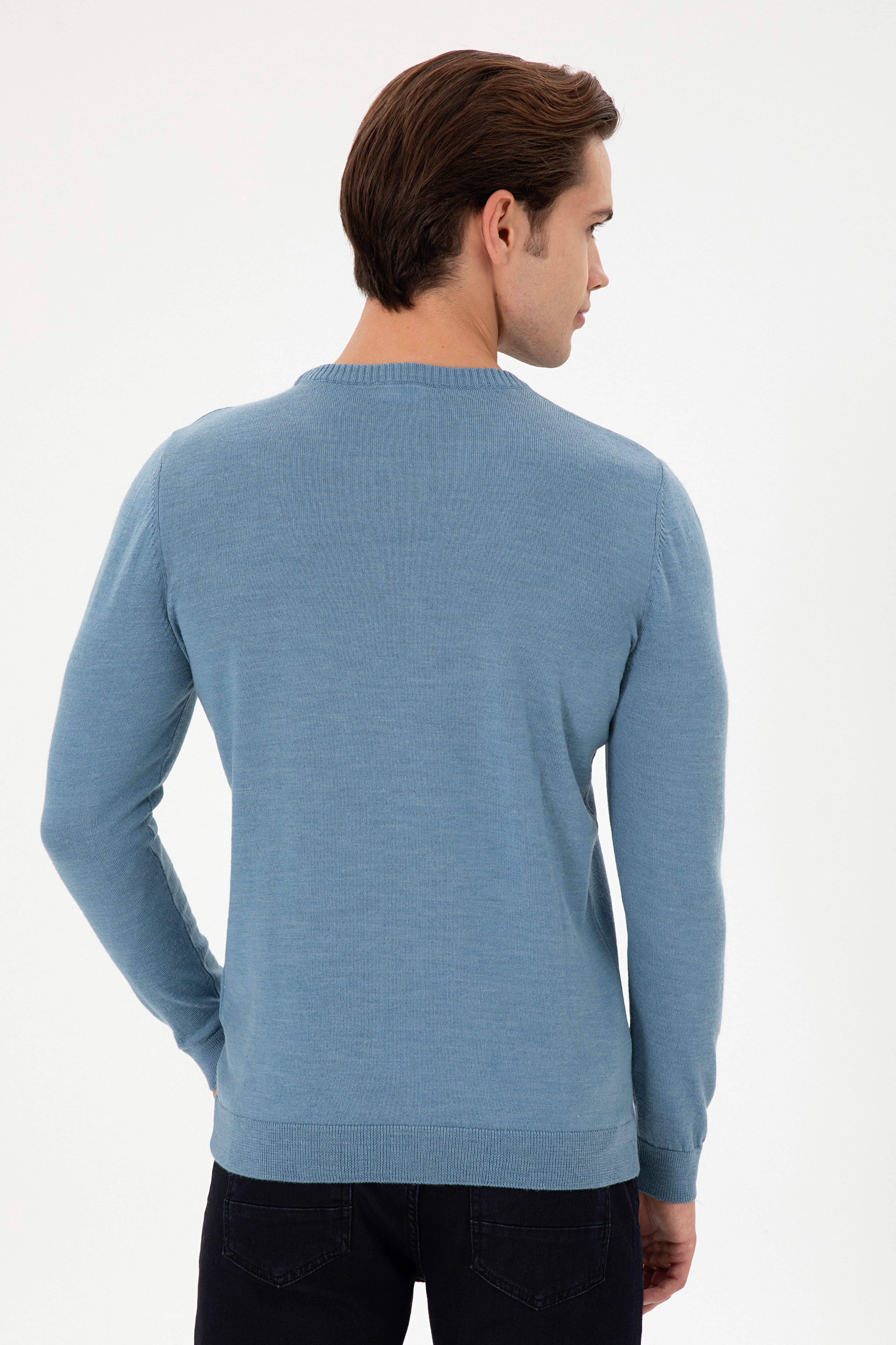 Erkek Slim Fit Bisiklet Yaka Mavi Kazak