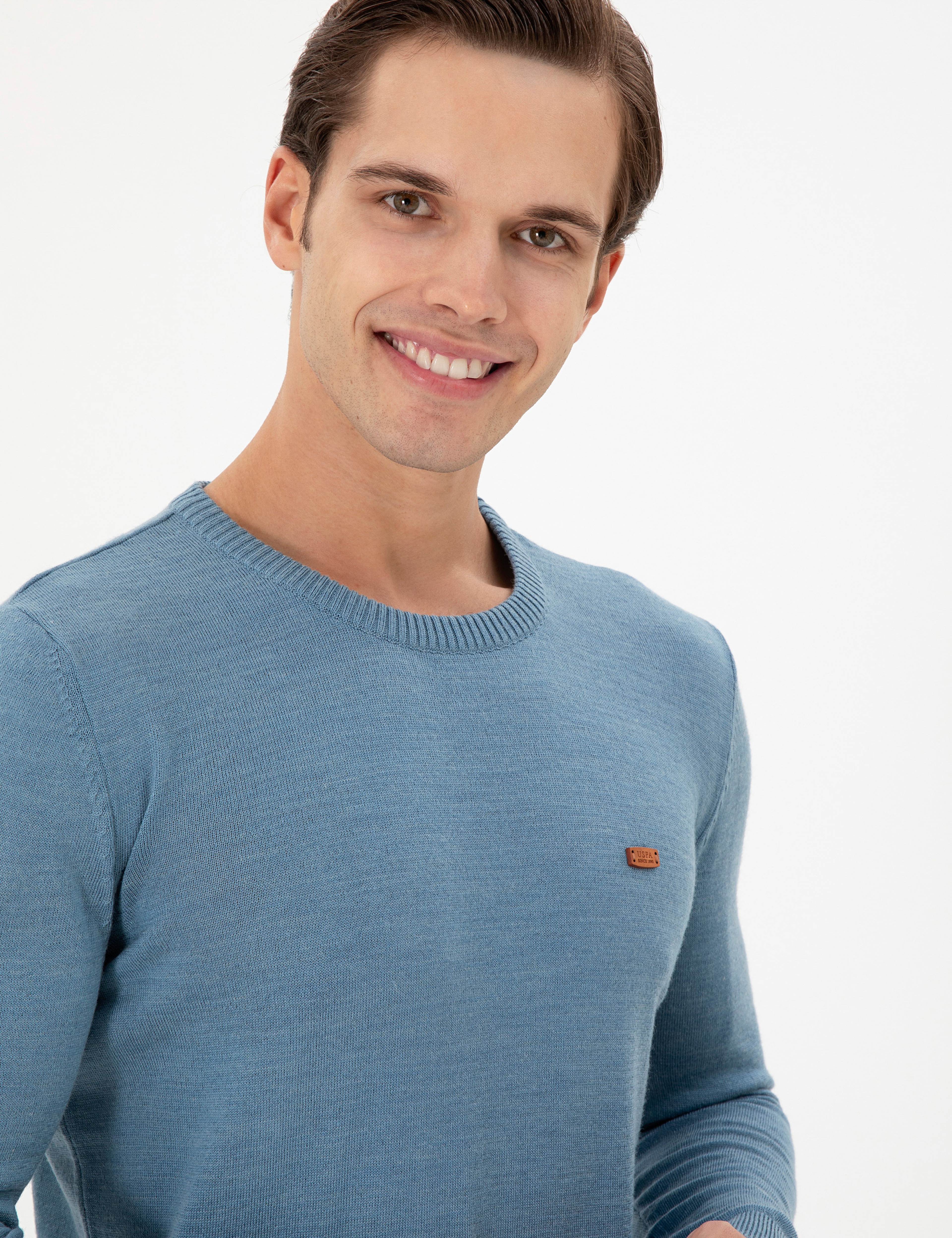 Erkek Slim Fit Bisiklet Yaka Mavi Kazak - Image 2