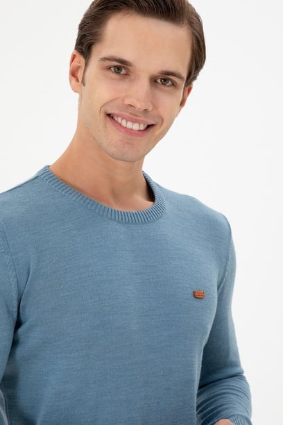 Erkek Slim Fit Bisiklet Yaka Mavi Kazak