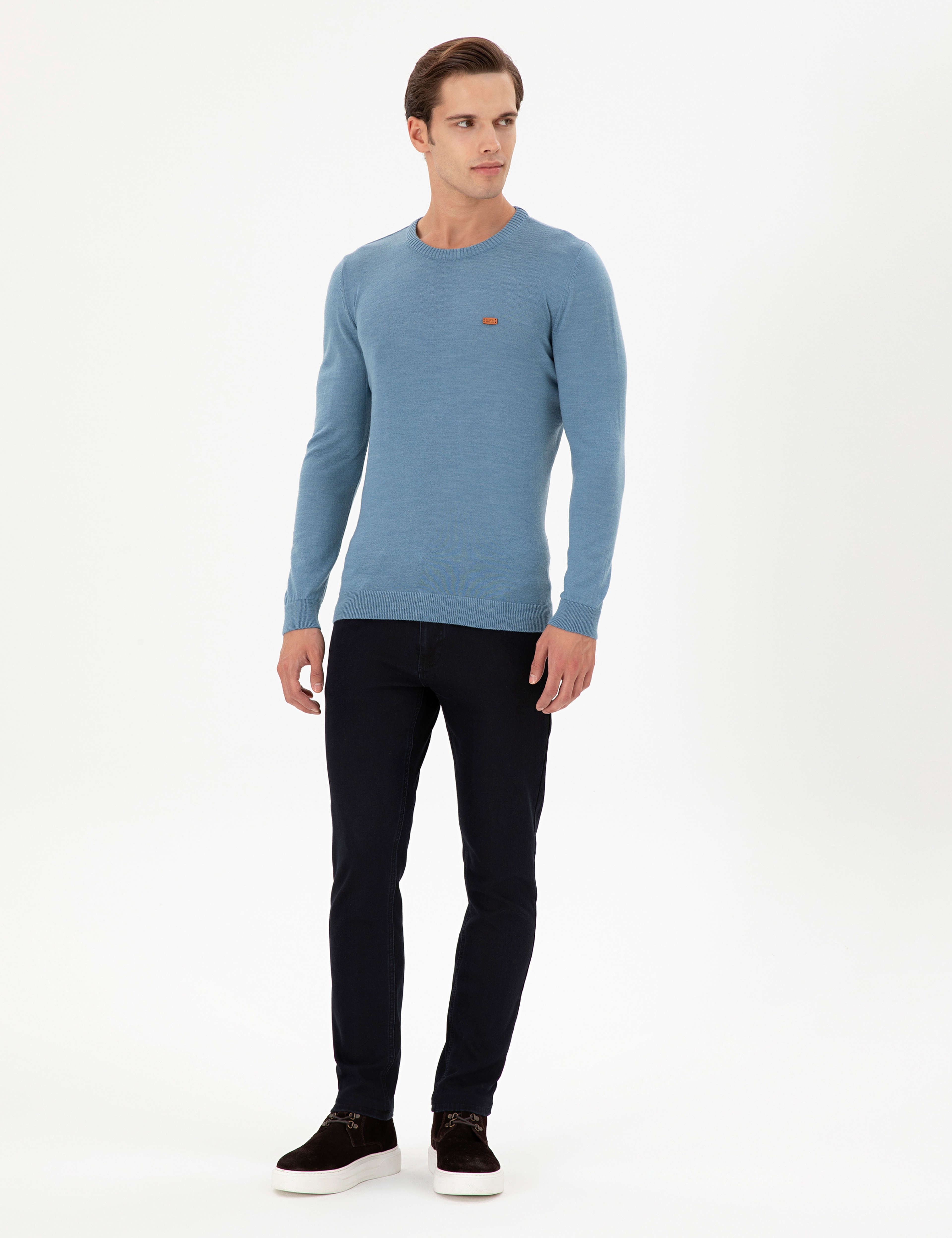 Erkek Slim Fit Bisiklet Yaka Mavi Kazak - Image 4
