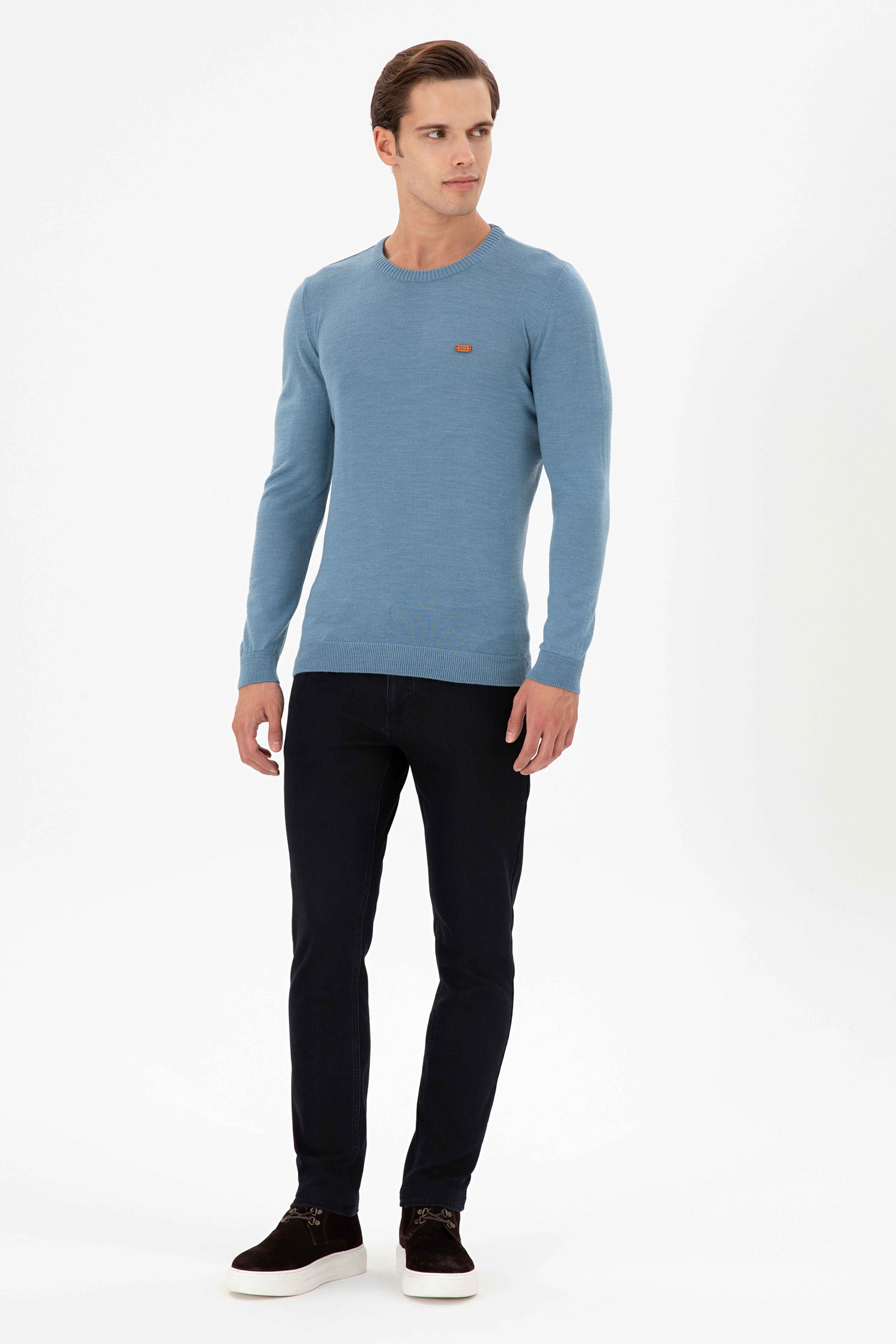 Erkek Slim Fit Bisiklet Yaka Mavi Kazak
