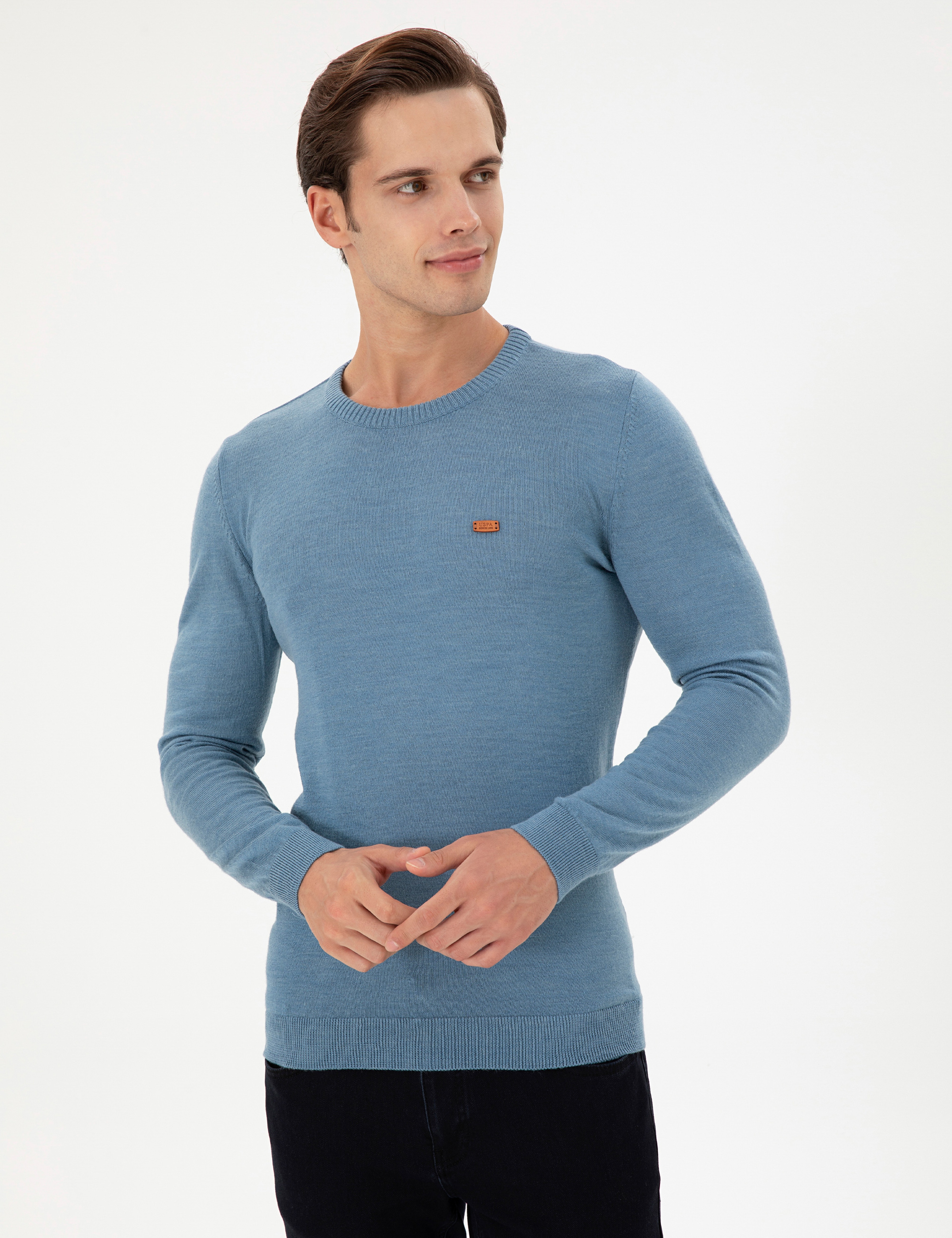 Erkek Slim Fit Bisiklet Yaka Mavi Kazak - Image 3