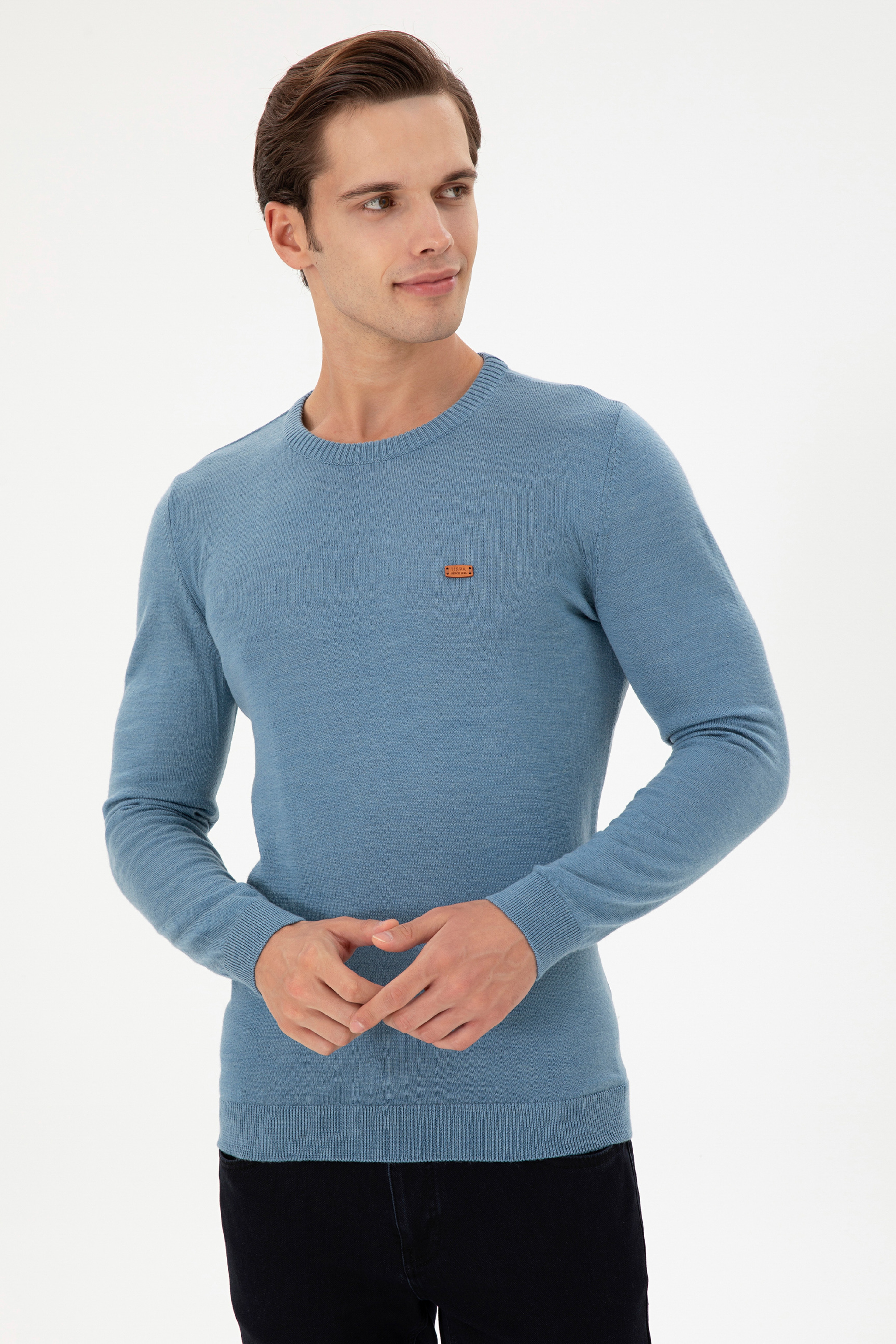 Erkek Slim Fit Bisiklet Yaka Mavi Kazak