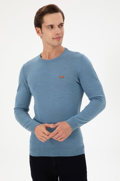 Erkek Slim Fit Bisiklet Yaka Mavi Kazak