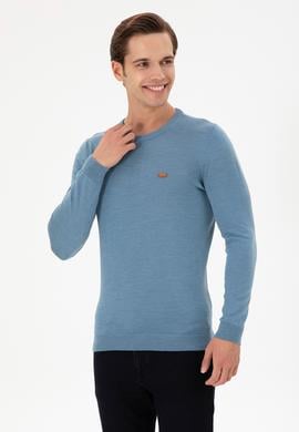 Erkek Slim Fit Bisiklet Yaka Mavi Kazak - 50297040011