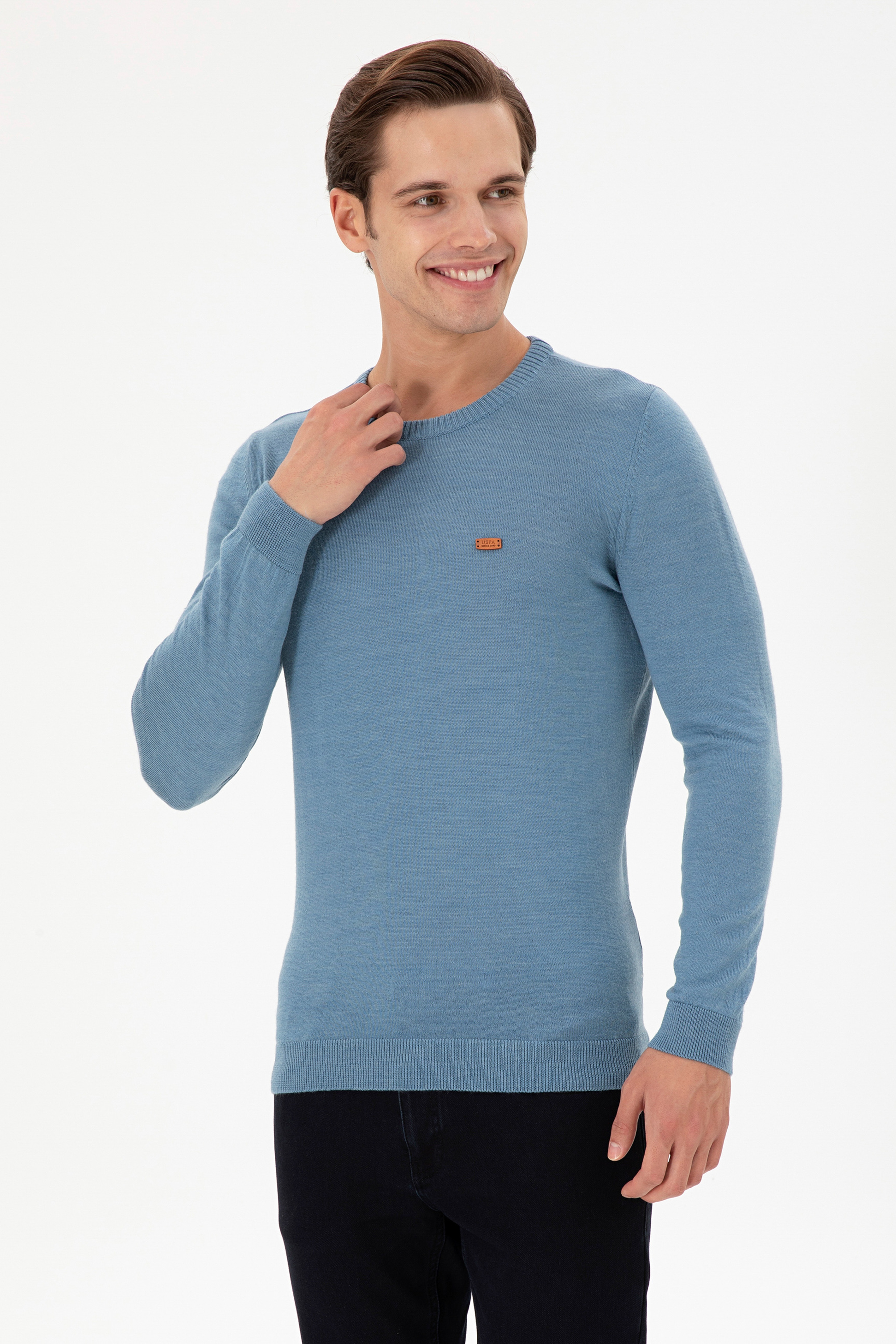 Erkek Slim Fit Bisiklet Yaka Mavi Kazak