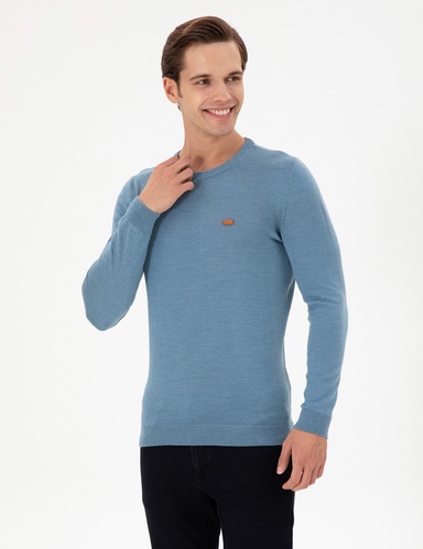 Erkek Slim Fit Bisiklet Yaka Mavi Kazak