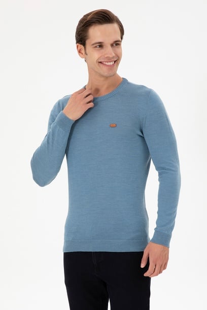Erkek Slim Fit Bisiklet Yaka Mavi Kazak