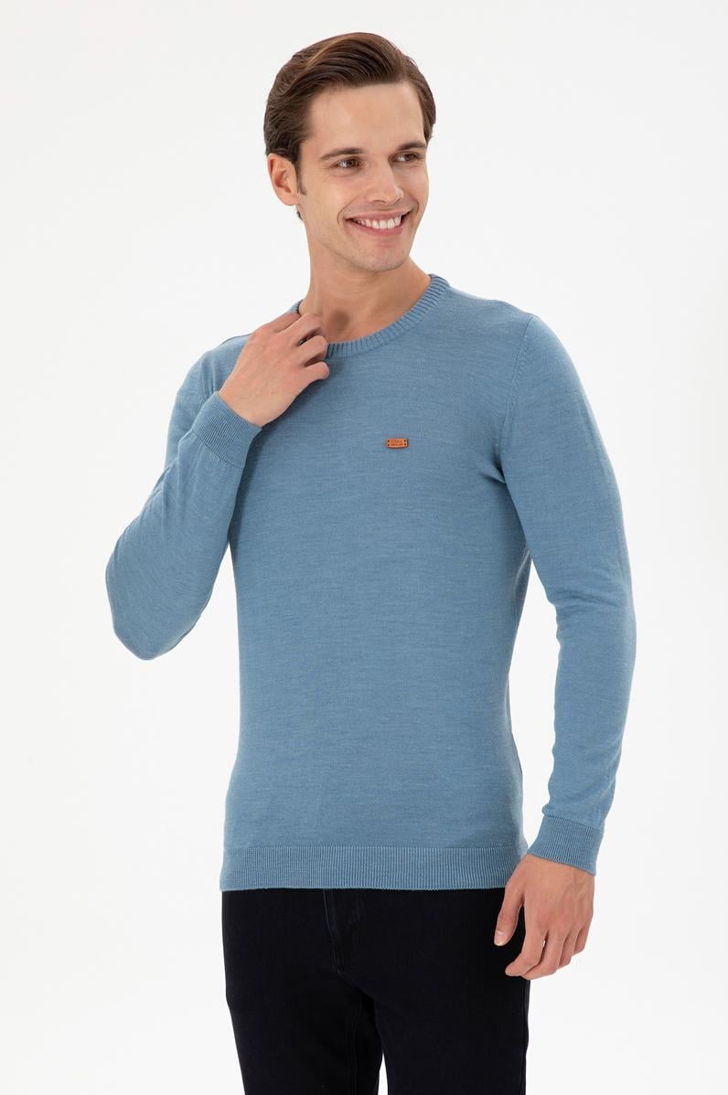 Erkek Slim Fit Bisiklet Yaka Mavi Kazak